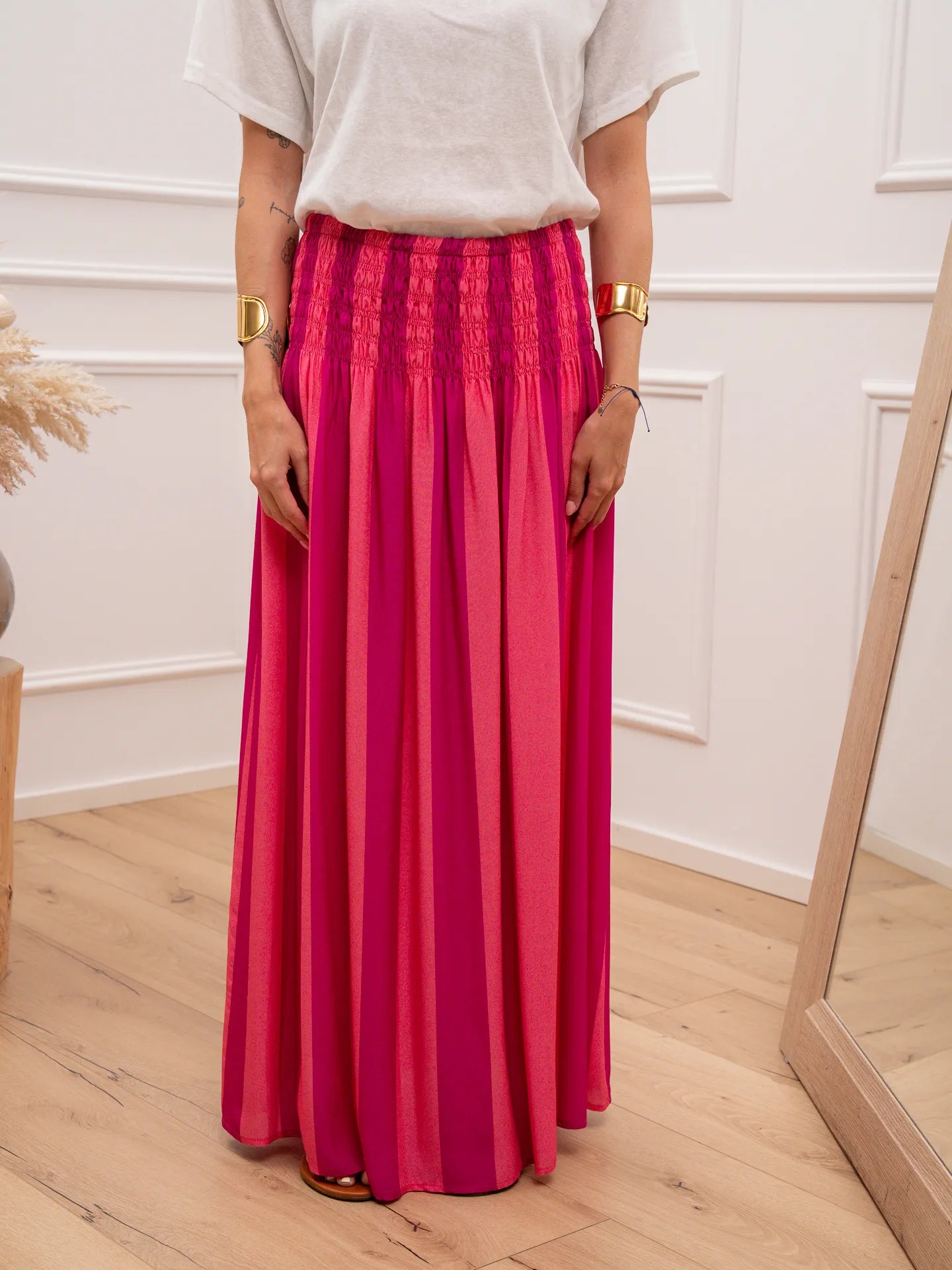 Gonna maxi riga rosa e magenta punto smock in vita - Tensione In