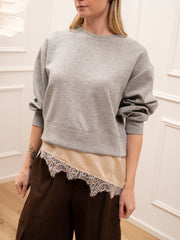 Felpa over grigia con raso e pizzo burro - HaveOne