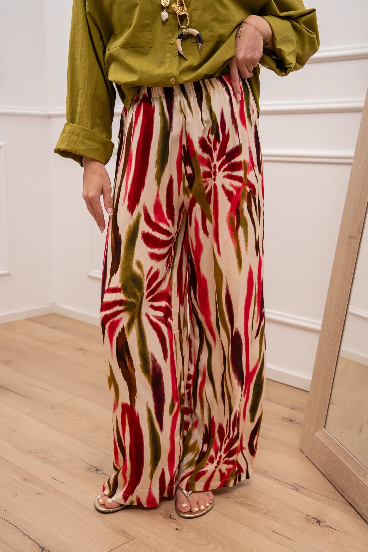 Pantaloni fluidi Tropical multicolor oliva - HaveOne