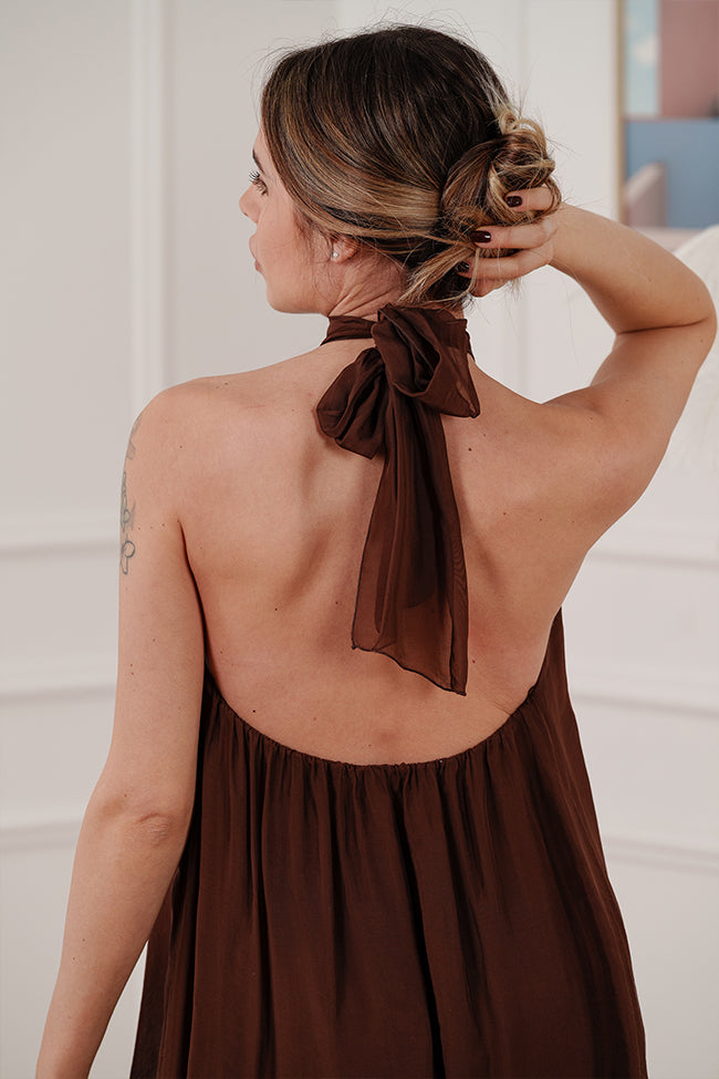 Vestito corto cioccolato scollo halter misto seta - HaveOne