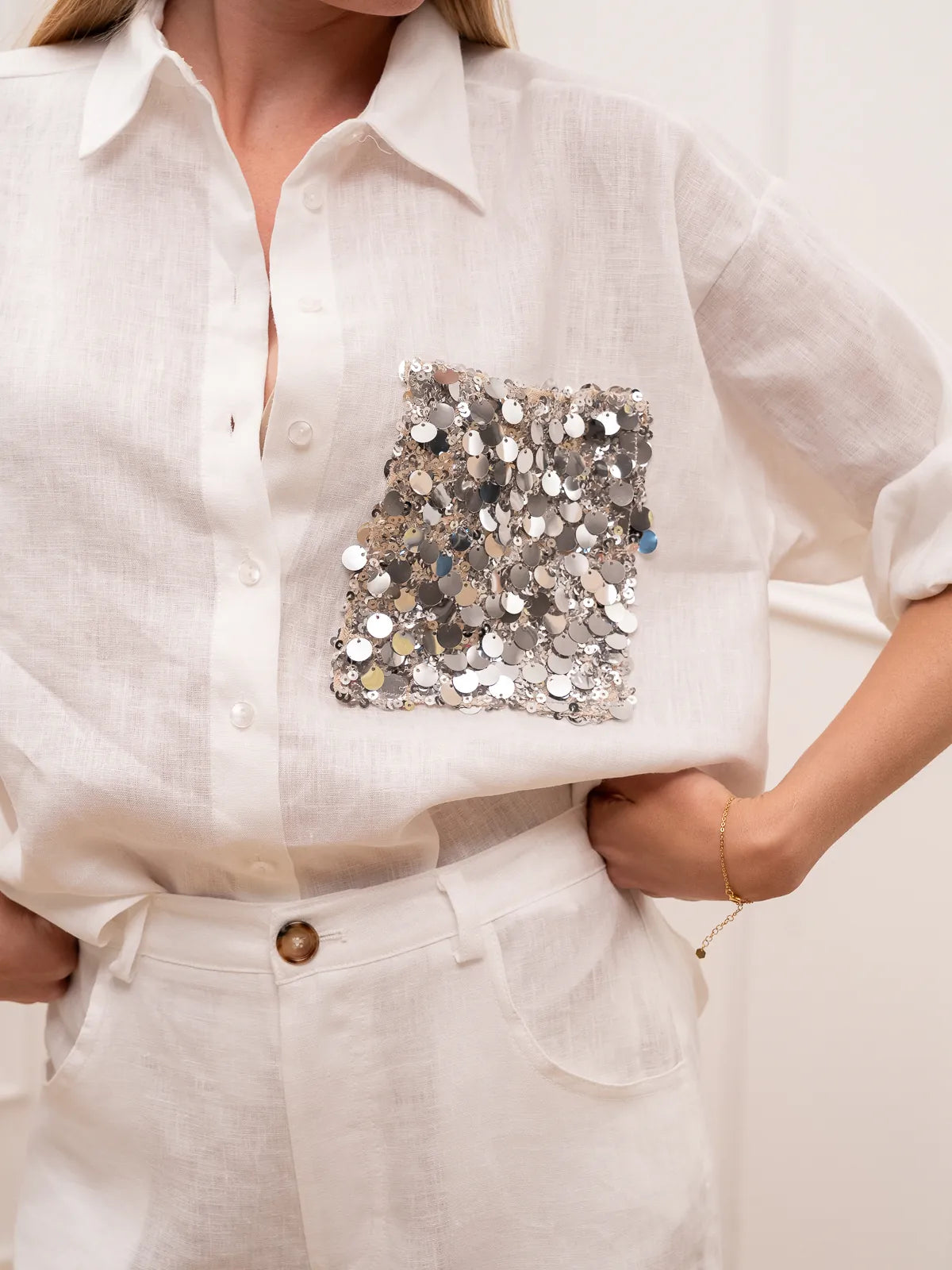 Camicia Dreamer bianco in lino tasca paillettes - Tensione In