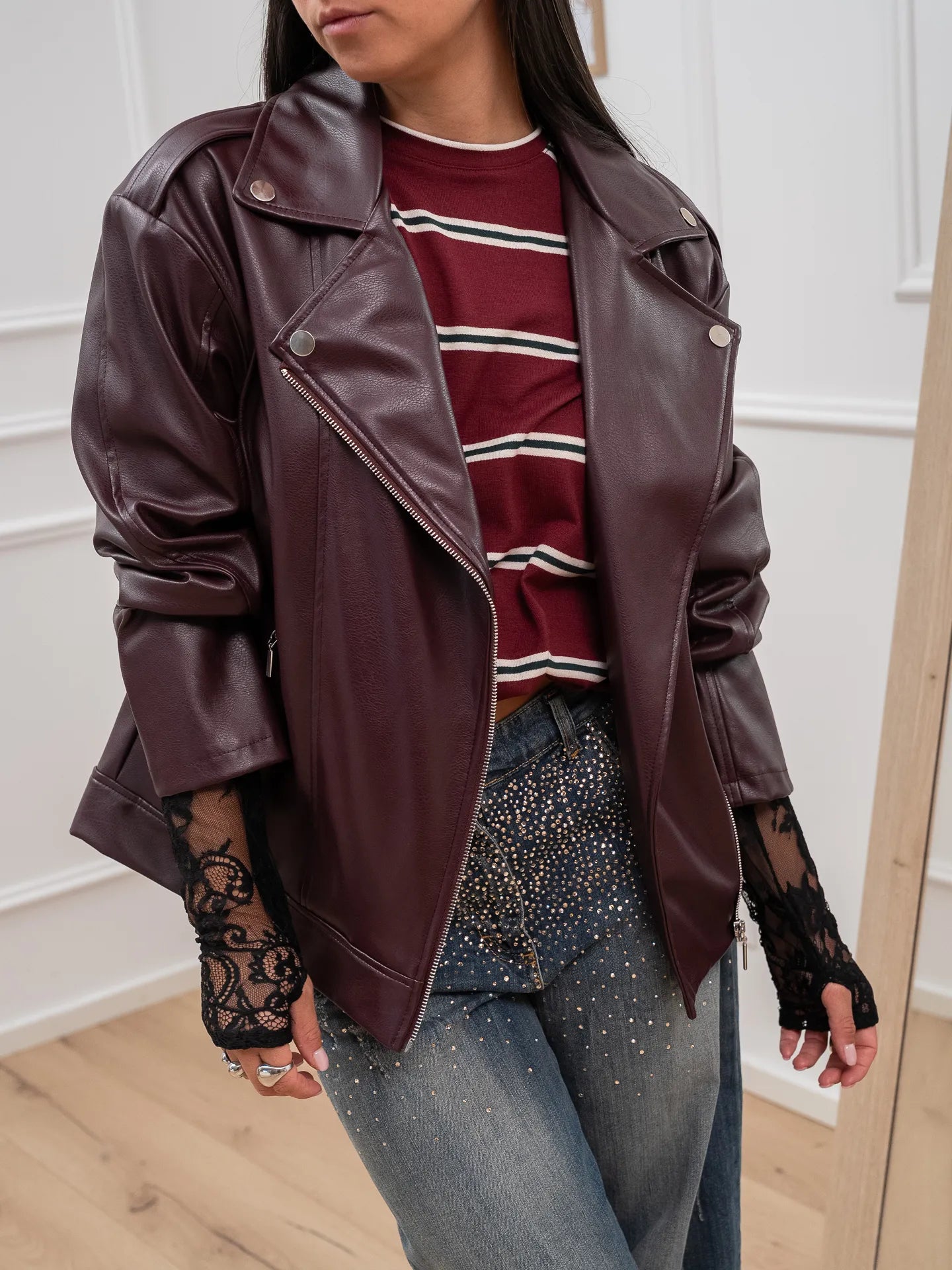 Chiodo over in ecopelle bordeaux con zip - HaveOne