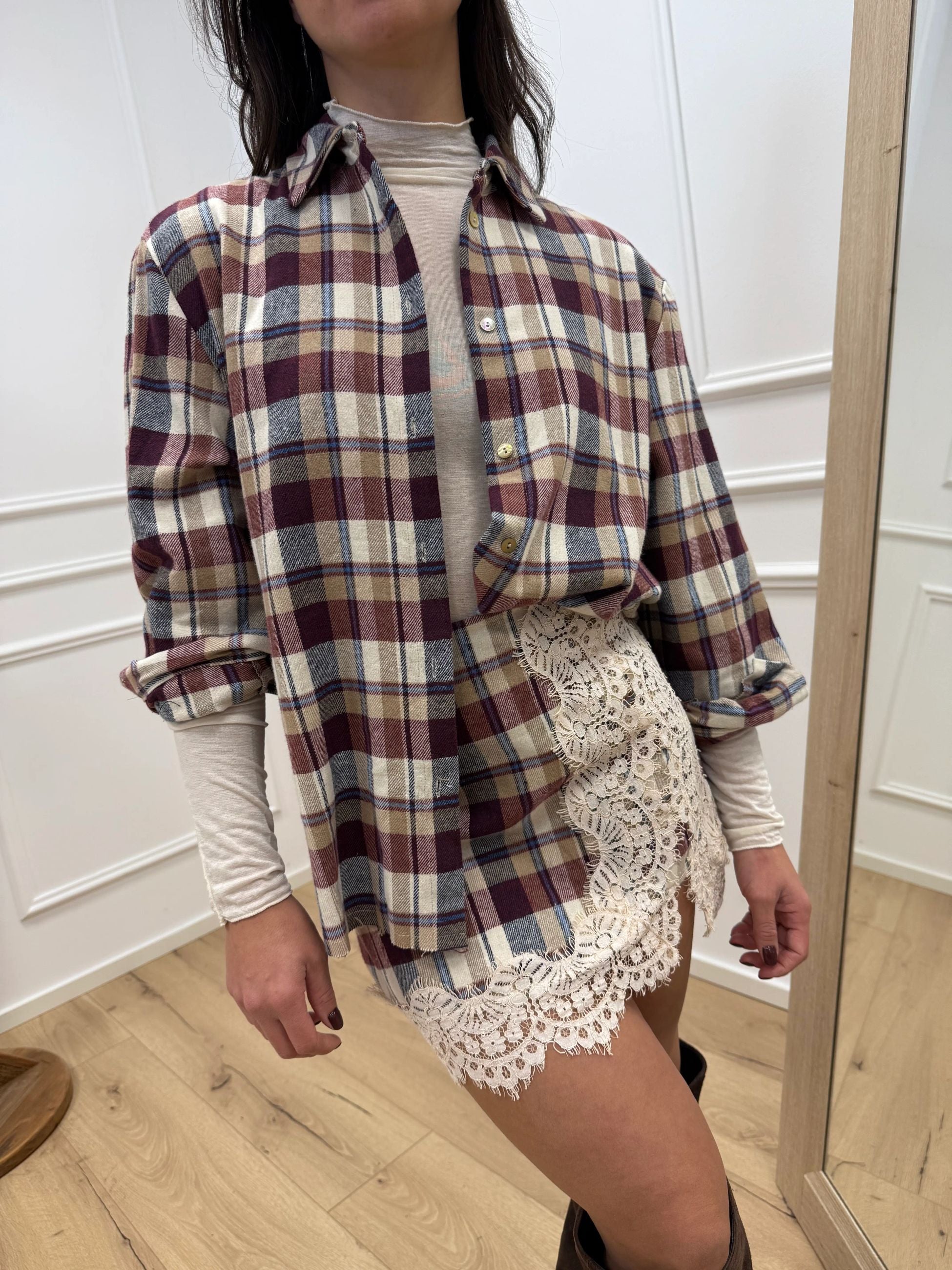 Camicia in flanella burro, vino fondo taglio vivo - HaveOne