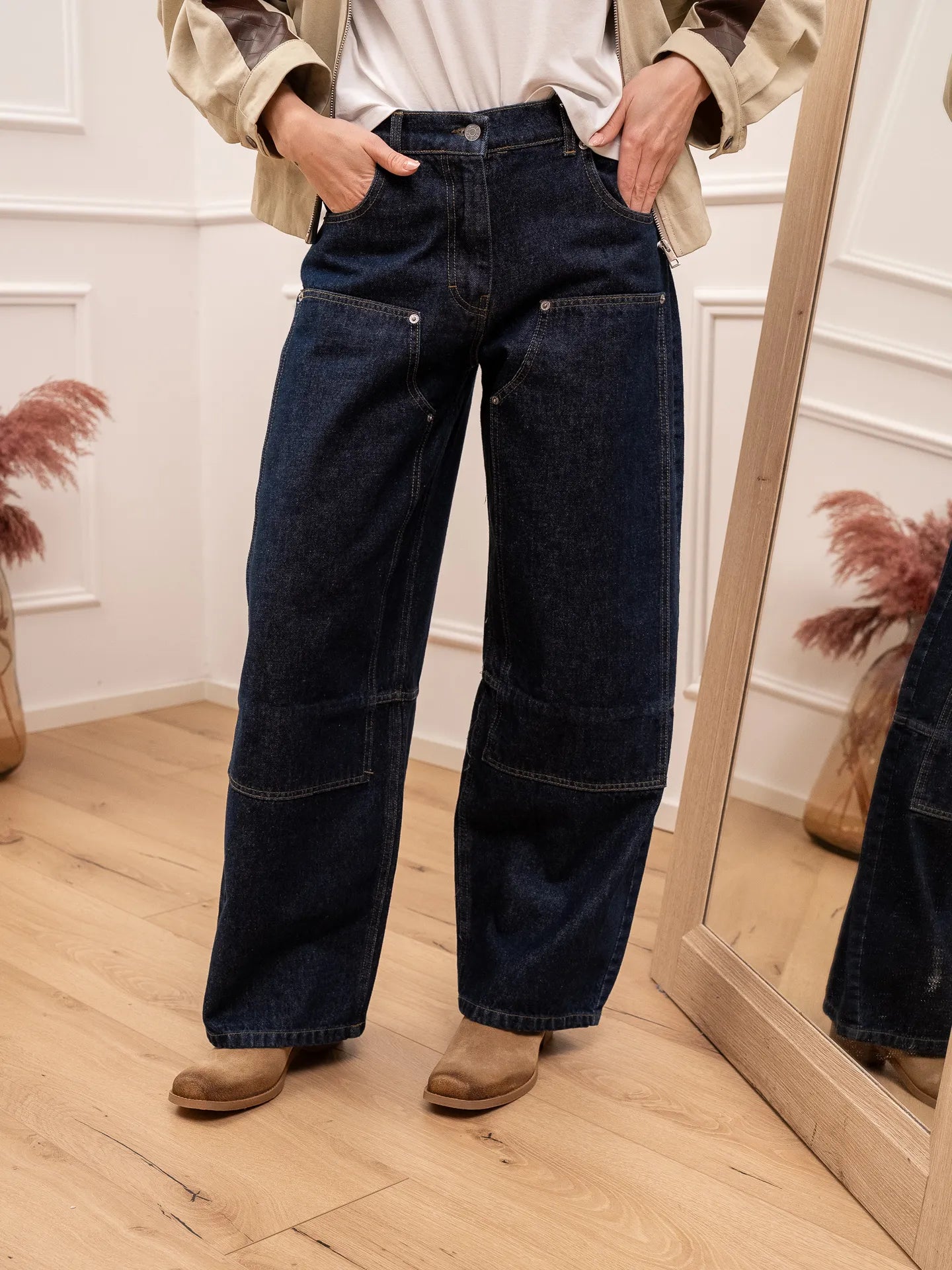 Jeans lavaggio zero a pannelli e cuciture camel - HaveOne