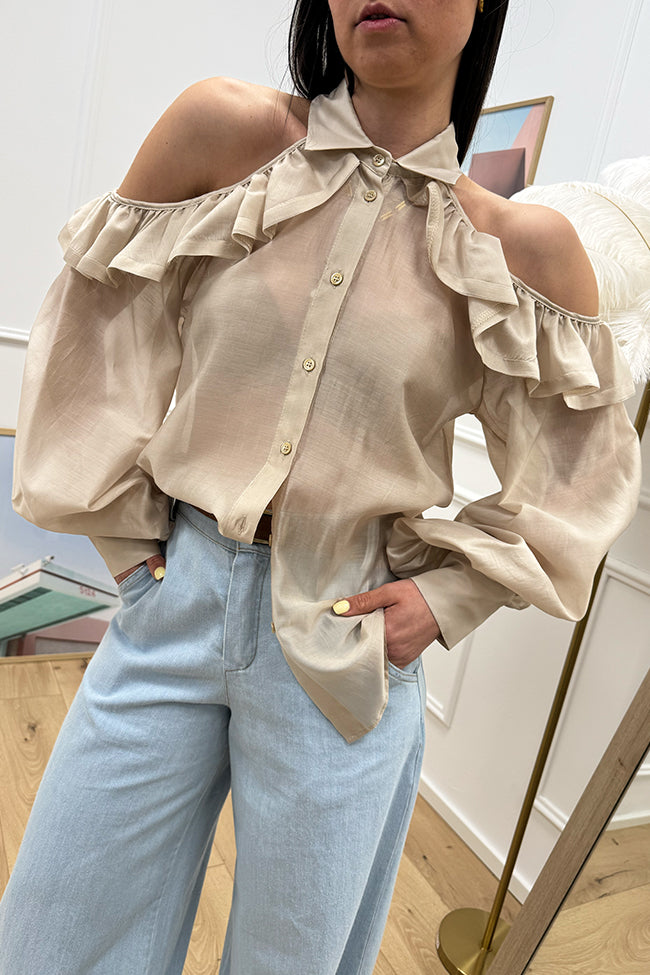 Camicia sabbia spalle scoperte con rouches - Vicolo
