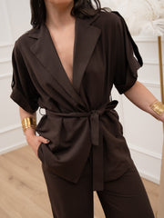 Giacca kimono moro misto lino e viscosa - Vicolo