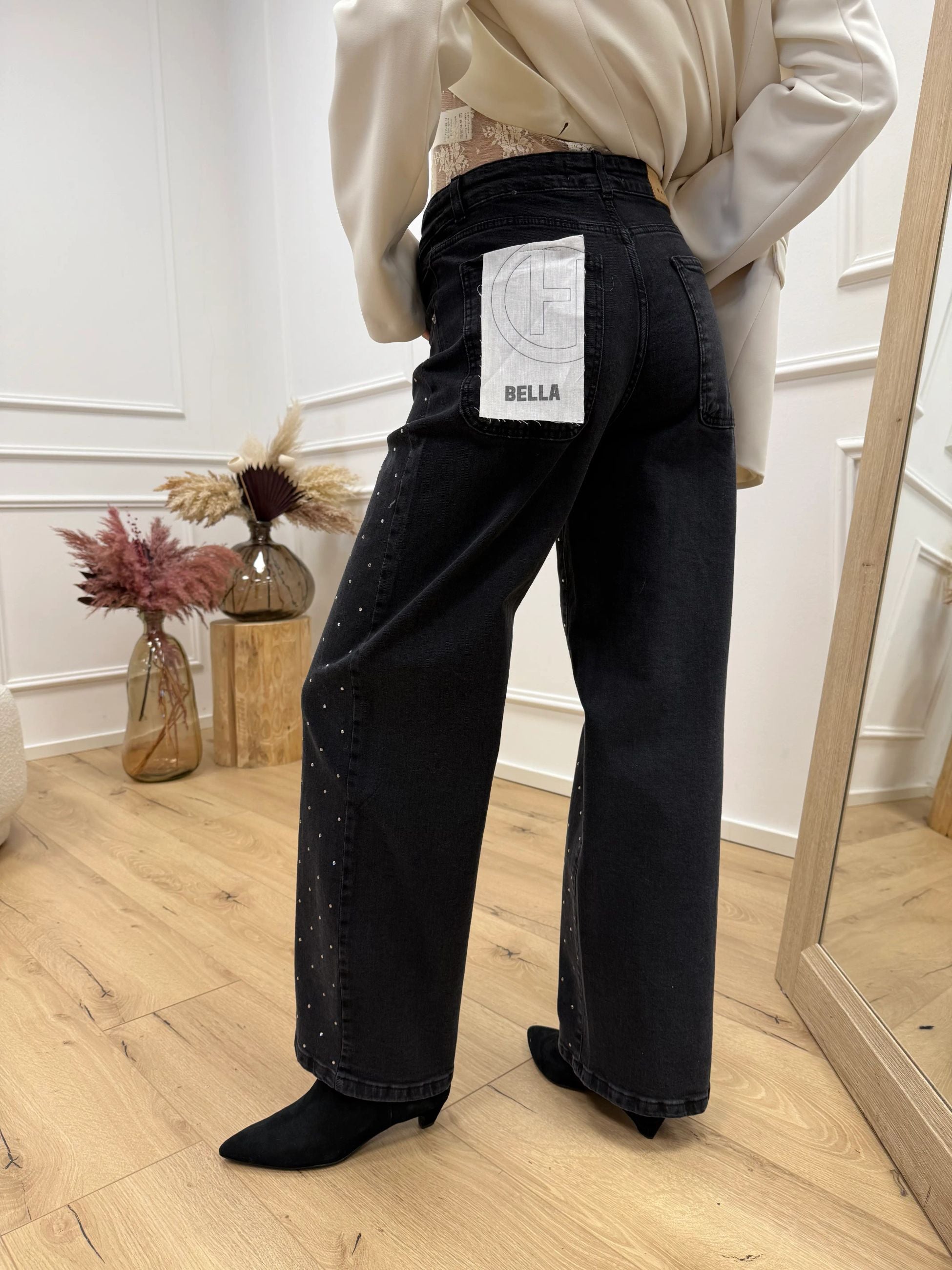 Jeans Bella denim nero con strass - HaveOne