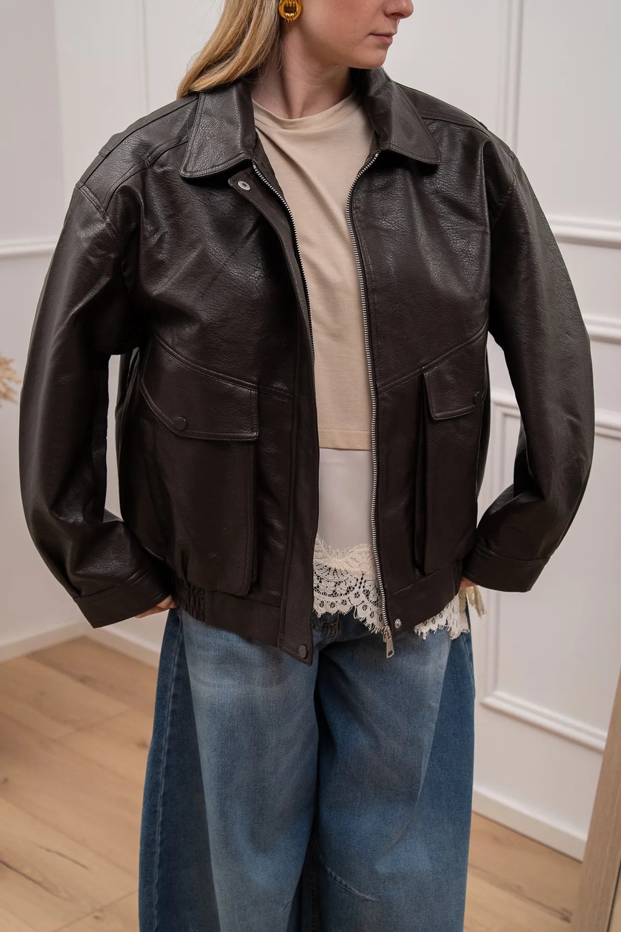 Bomber ecopelle martellata caffè fit oversize - HaveOne