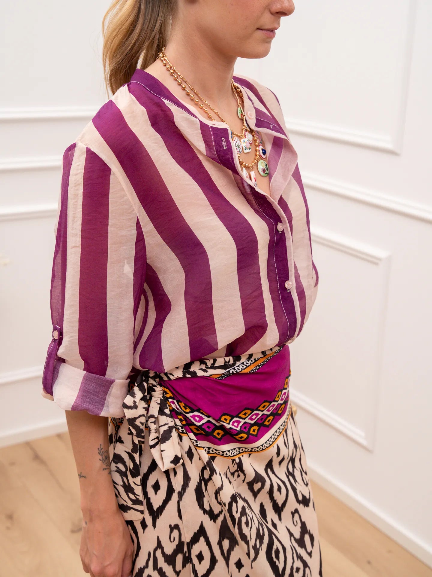 Camicia riga larga burro e viola in lyocell - HaveOne
