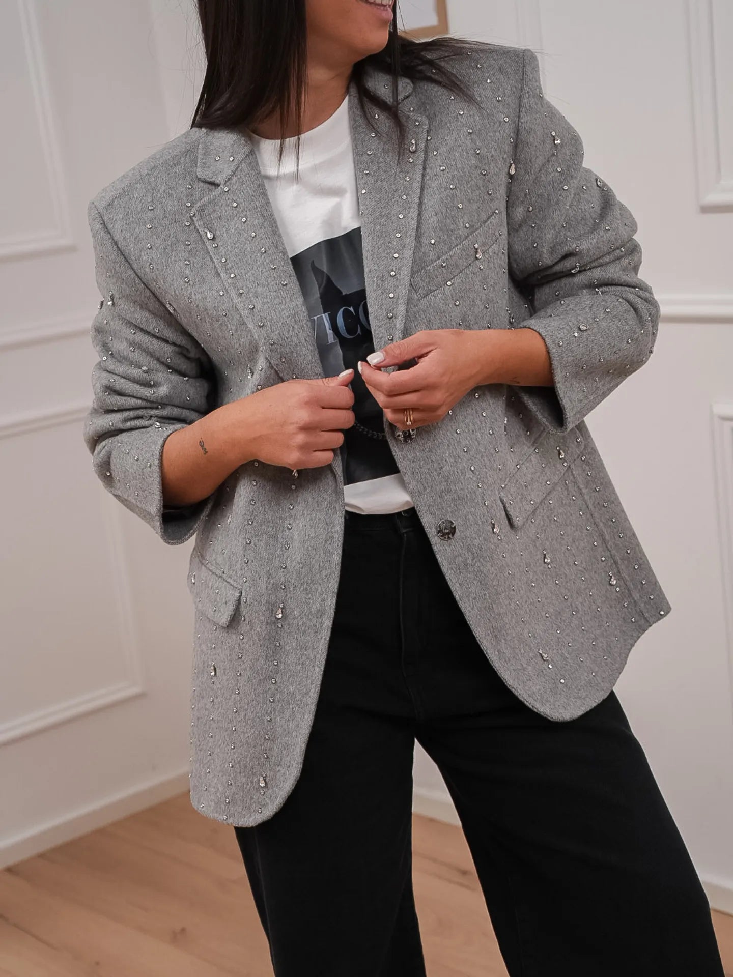 Cappotto corto grigio mélange con strass - Vicolo