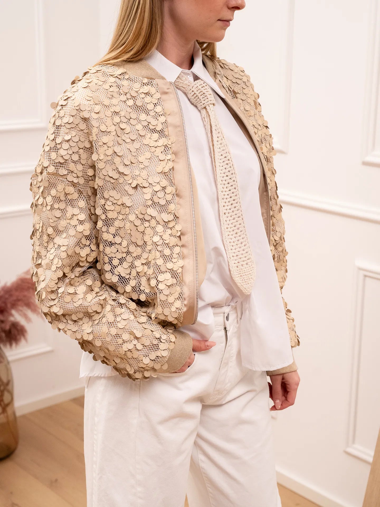 Bomber beige in rete con paillettes - HaveOne