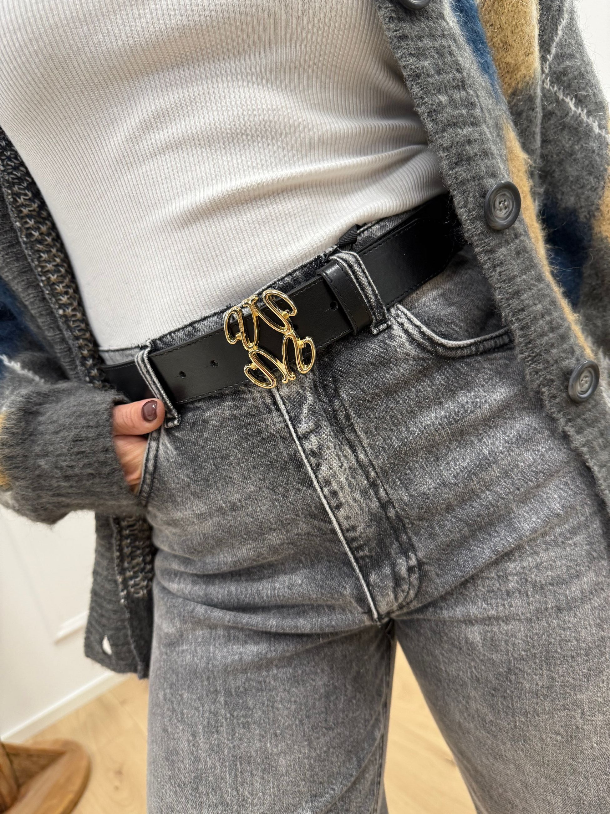 Cintura nera logo quadrato oro - Vicolo