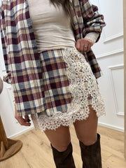 Gonna mini in flanella burro, vino con pizzo - HaveOne