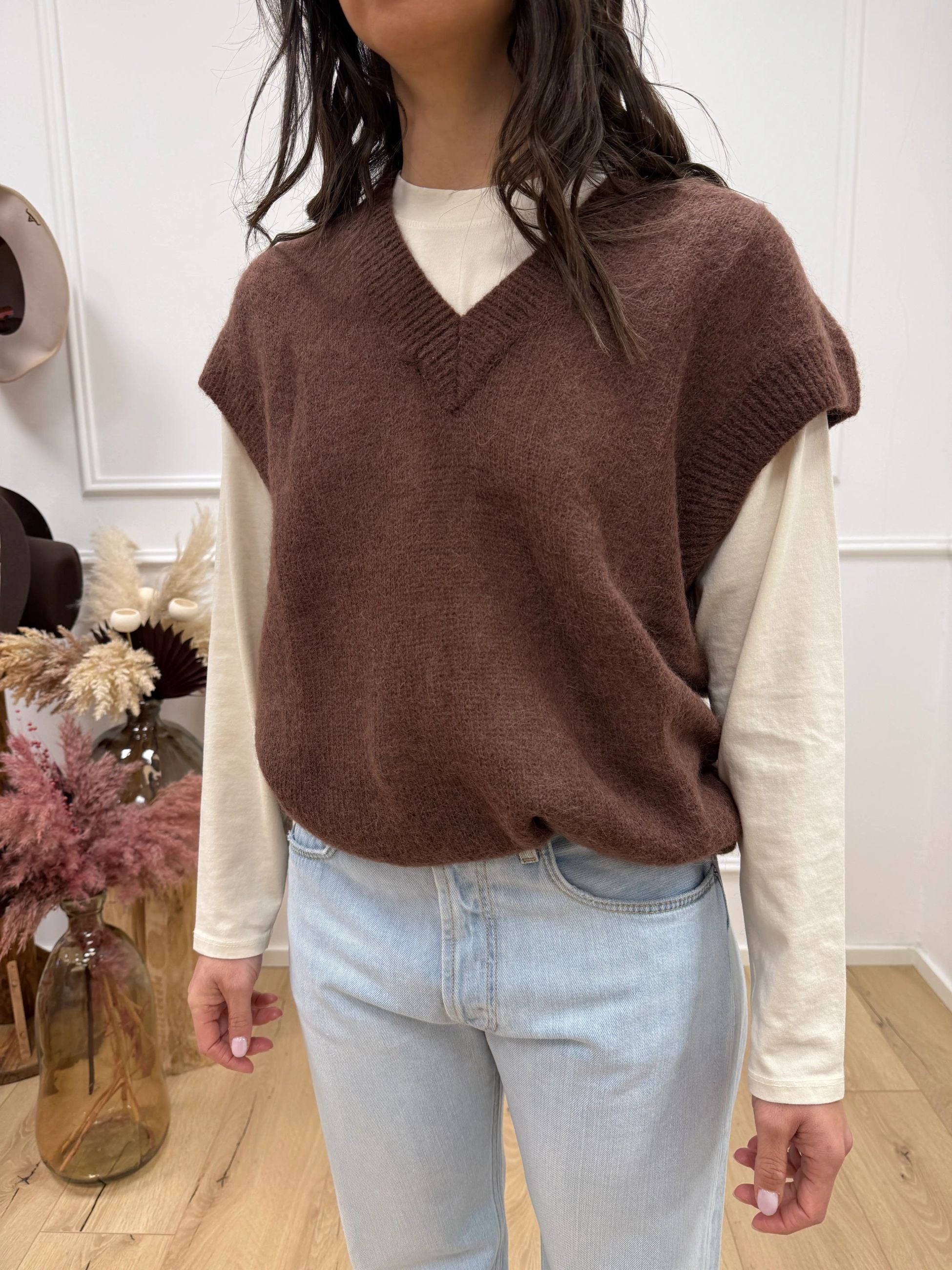 Gilet scollo a v cioccolato misto lana - HaveOne