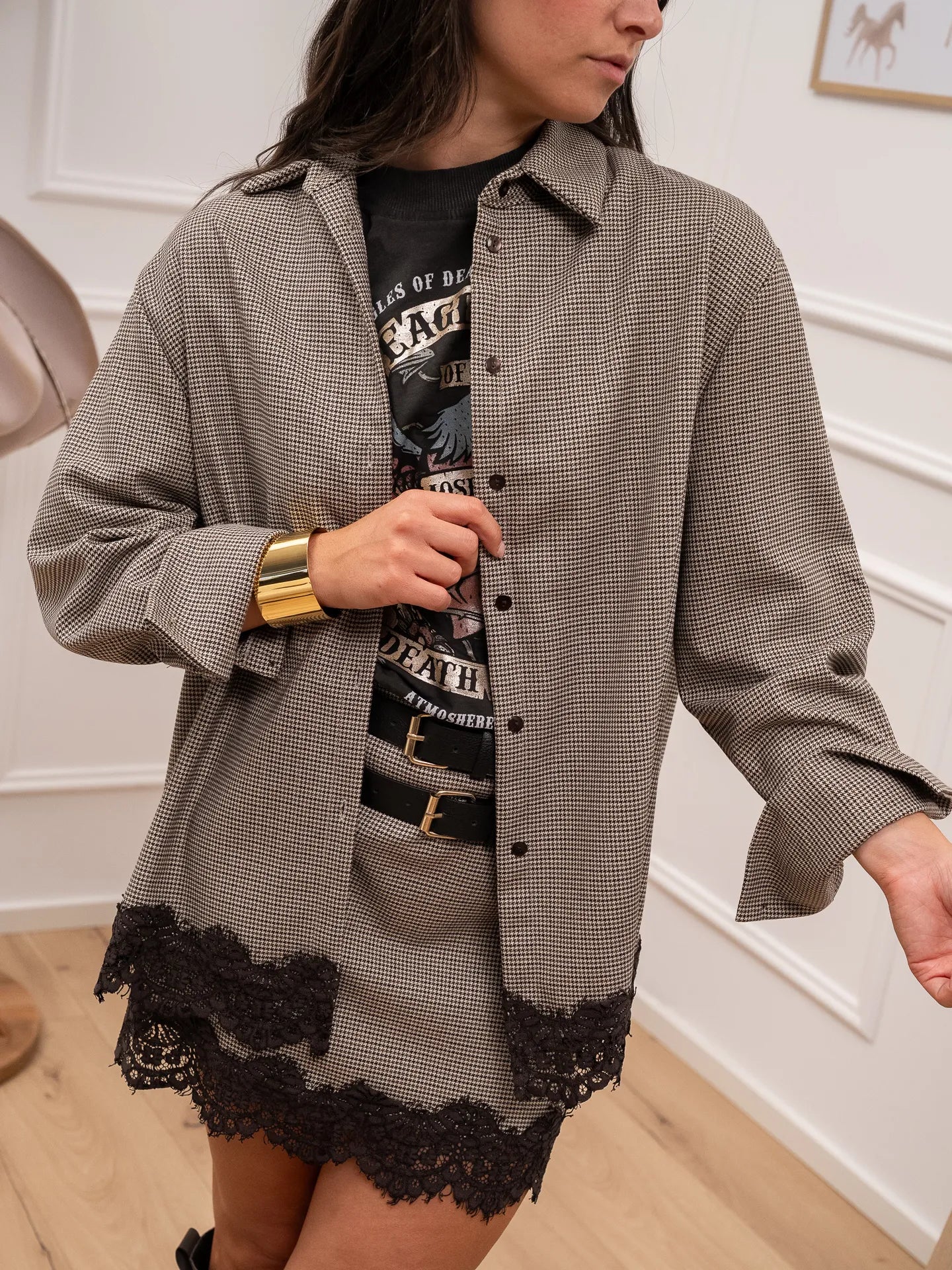 Camicia pied de poule moro con pizzo sul fondo - HaveOne