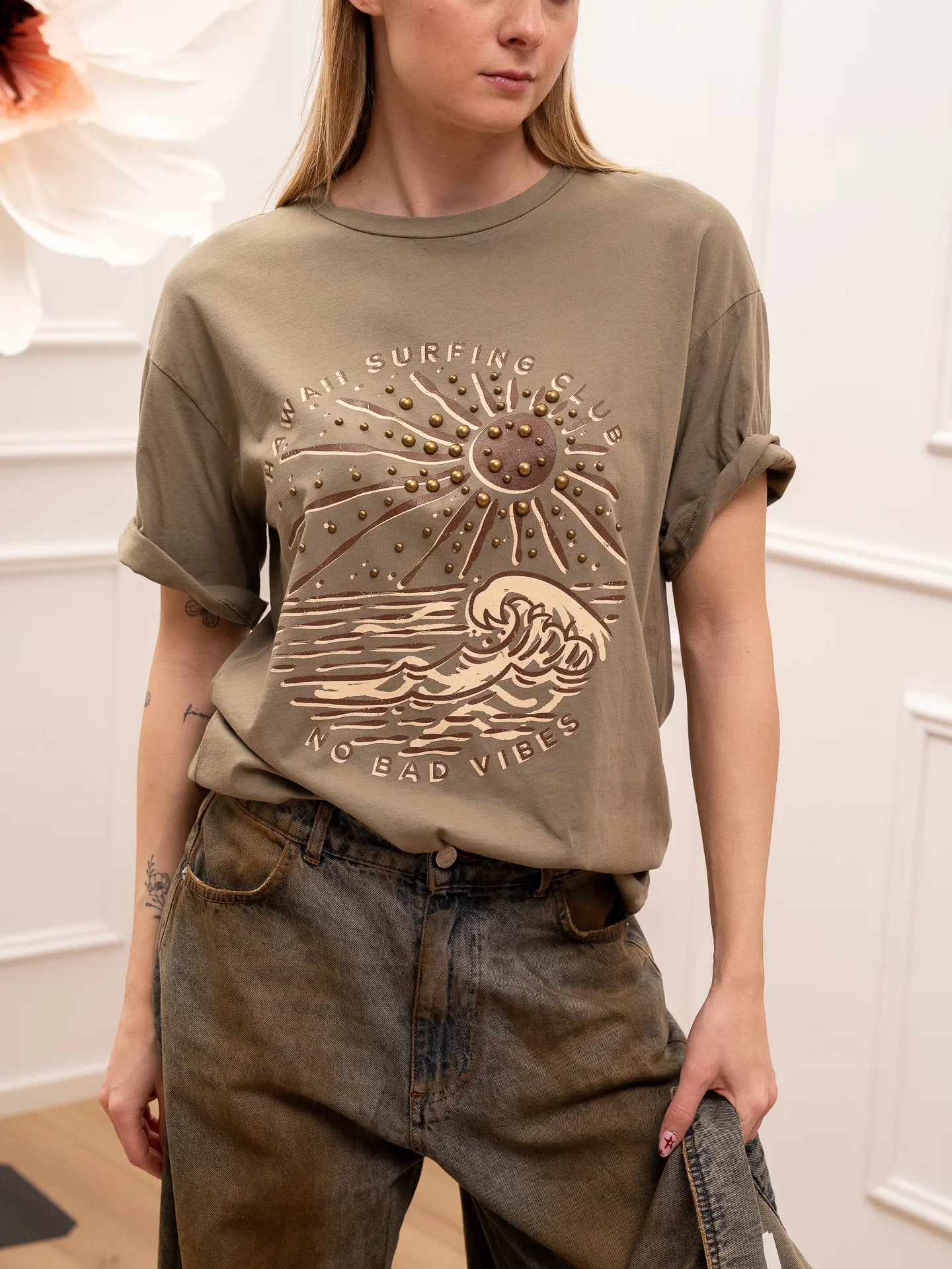 T shirt militare stampa Hawaii con borchie - Philia Loft