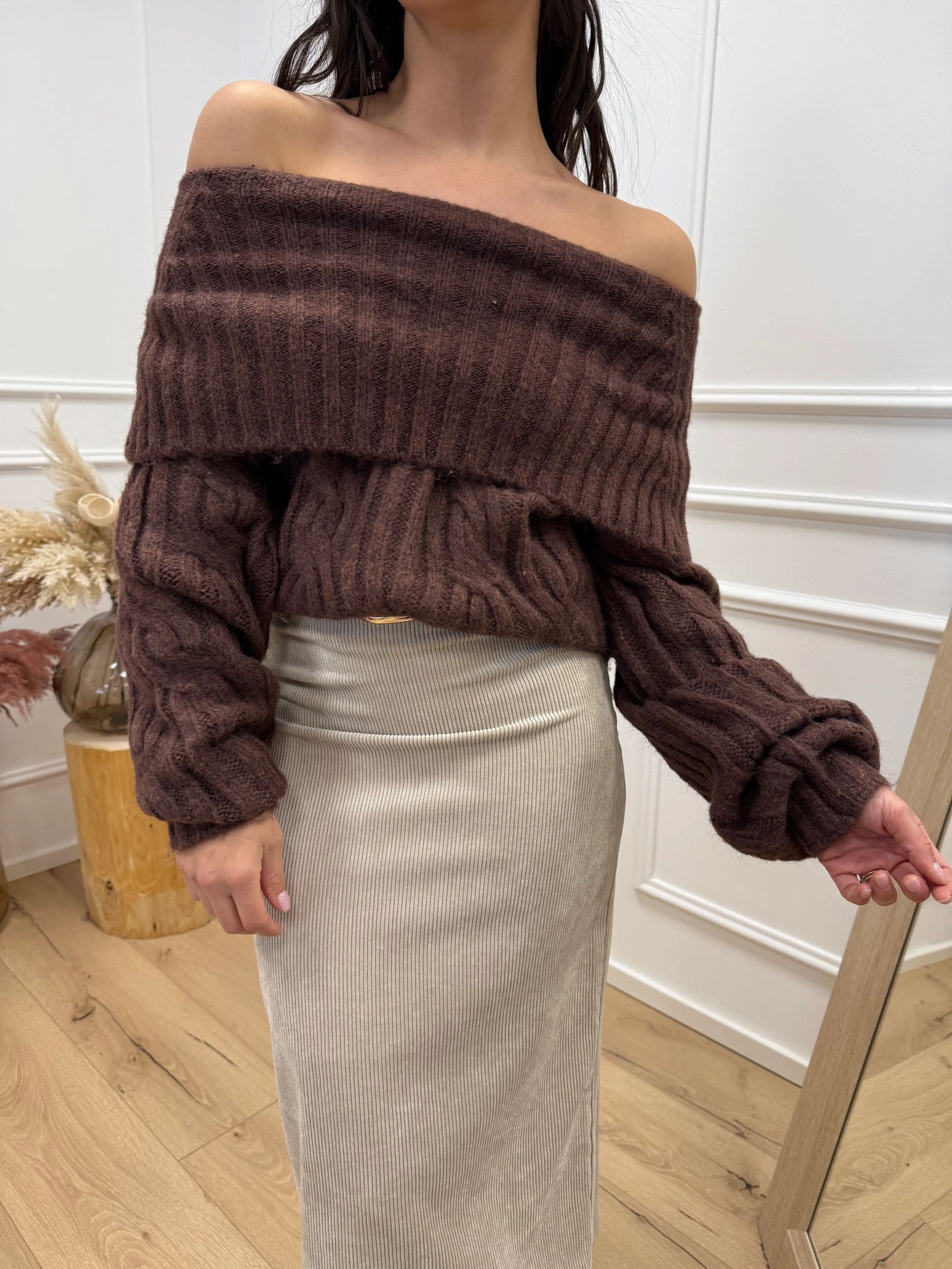 Maglia maxi scollo shiffer caffè a coste - HaveOne