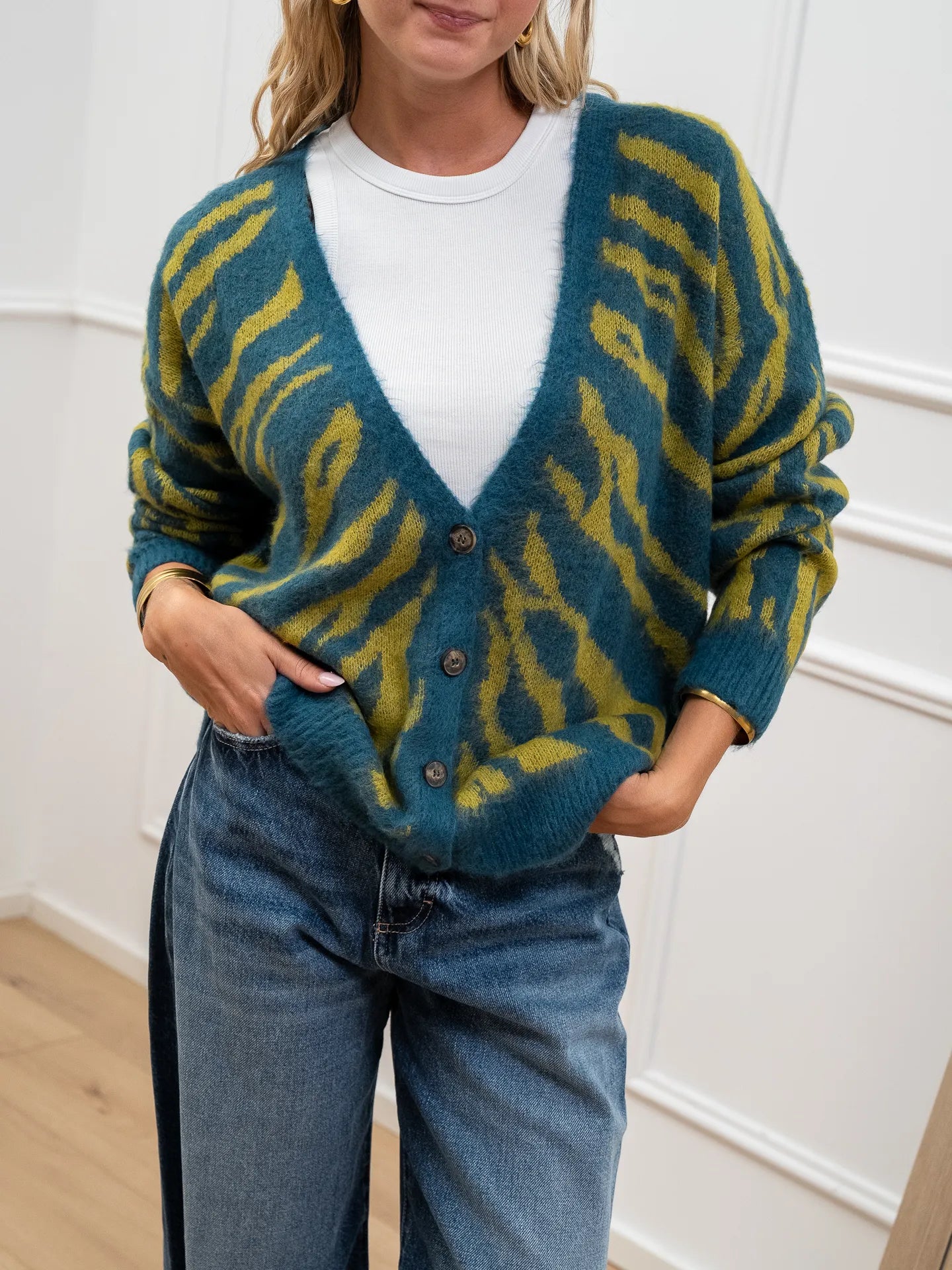 Cardigan jacquard ottanio a quattro bottoni - HaveOne