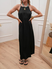 Vestito lungo in satin nero scollo a v sul retro - HaveOne
