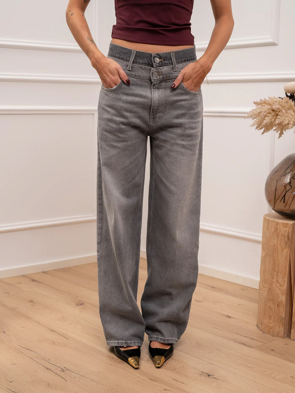 Jeans Sofia doppio bottone grigio wide leg - Vicolo