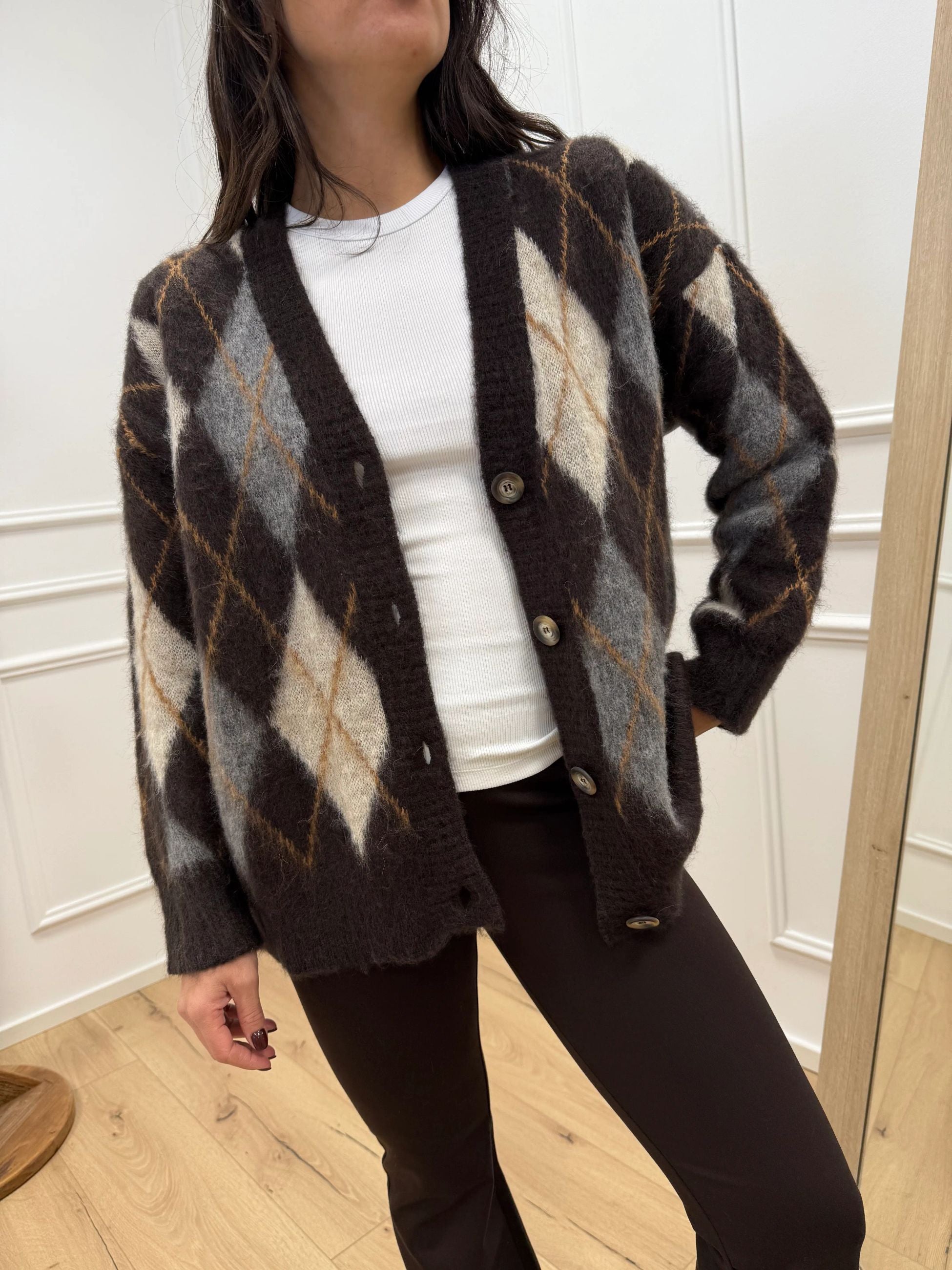 Cardigan mohair rombi moka, burro, grigio - Tensione In