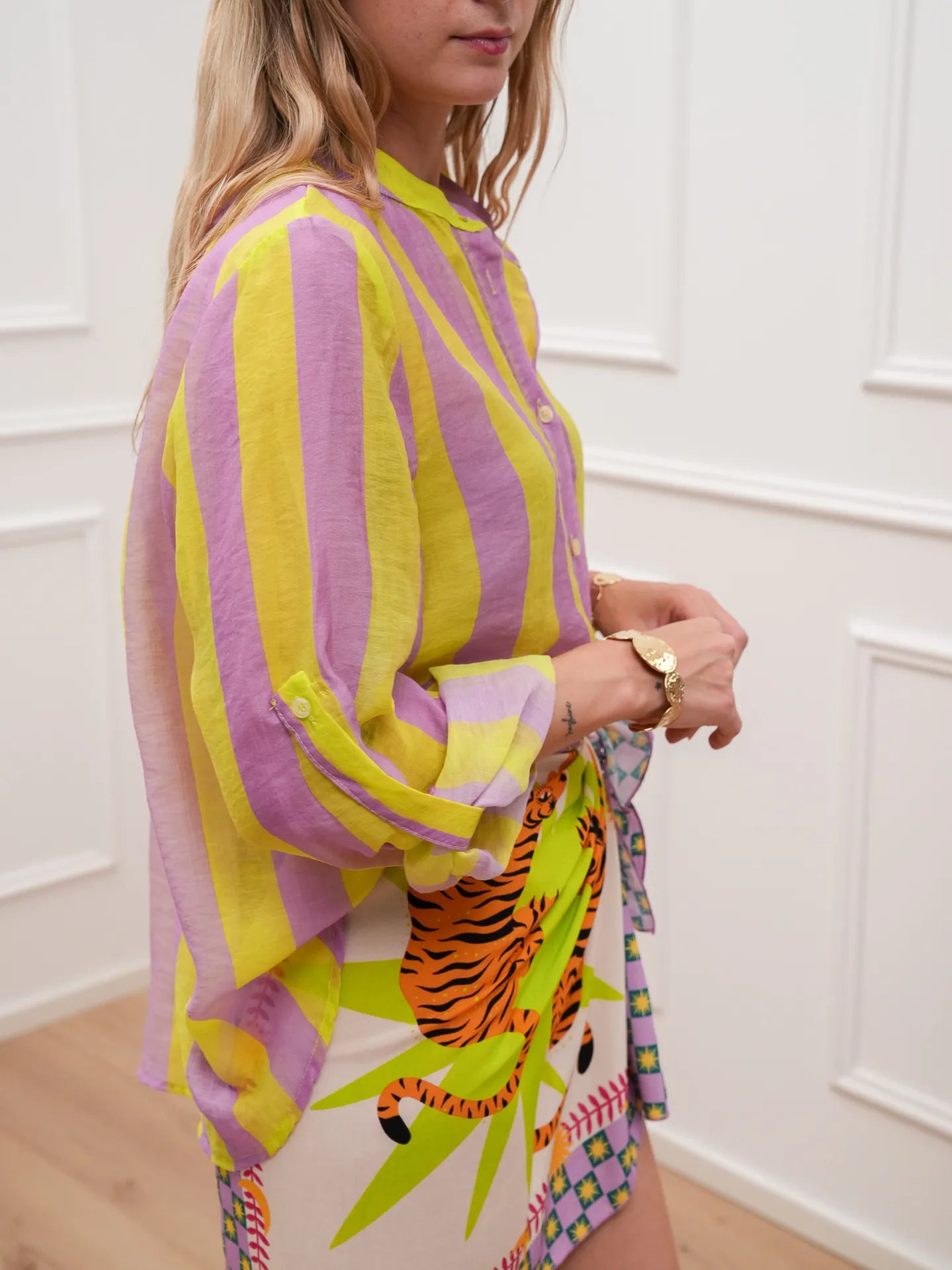 Camicia riga larga lilla e lime in lyocell - HaveOne