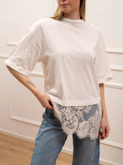T shirt basic bianca con pizzo sul fondo - Tensione In