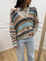 Cardigan tre bottoni rigato cipria - HaveOne