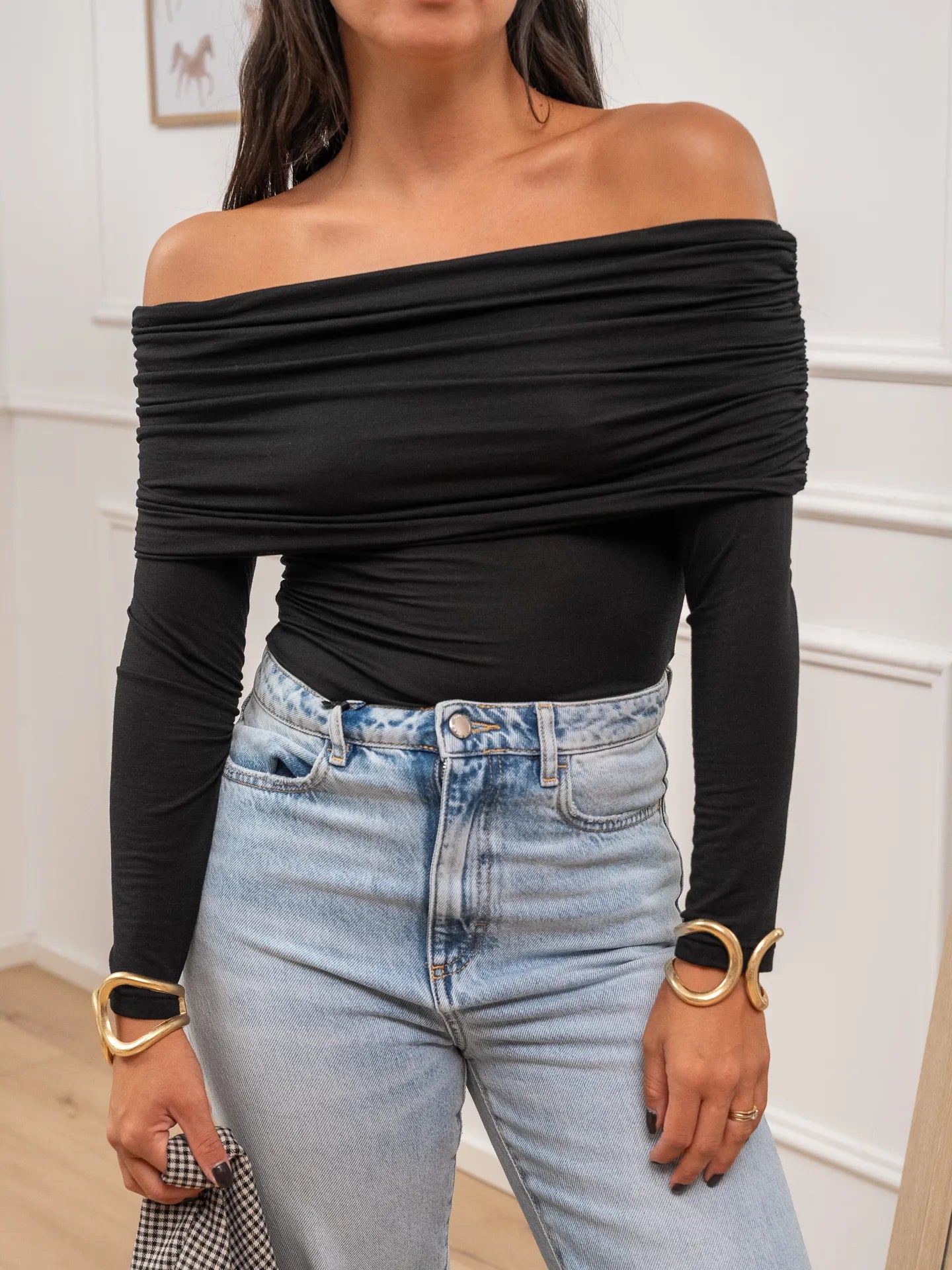 Maglia nera scollo bardot arricciato - HaveOne