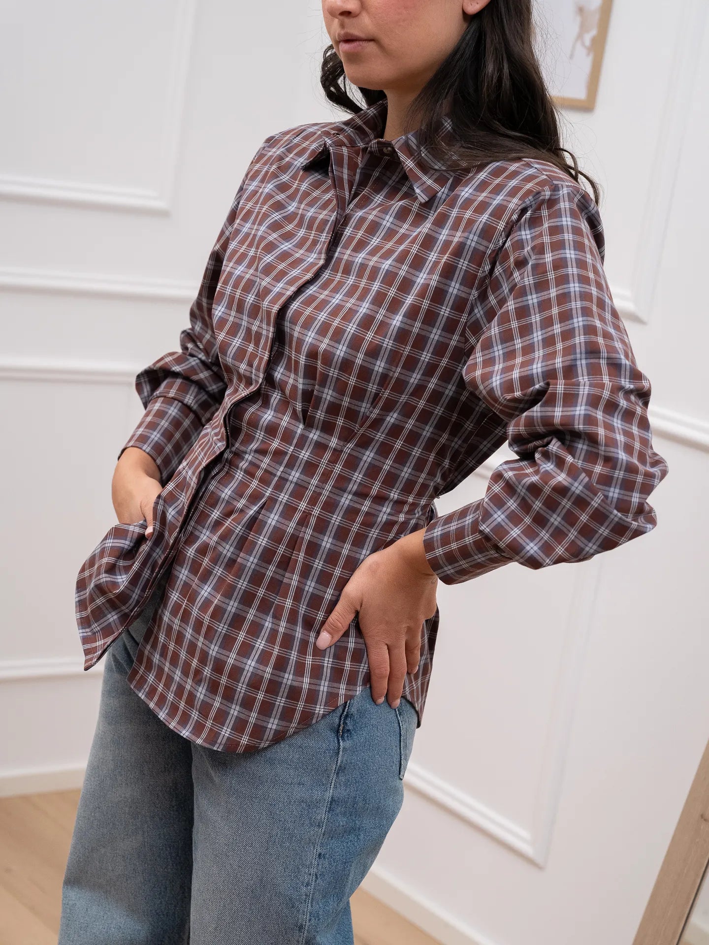Camicia sagomata check bordeaux con laccio - Vicolo