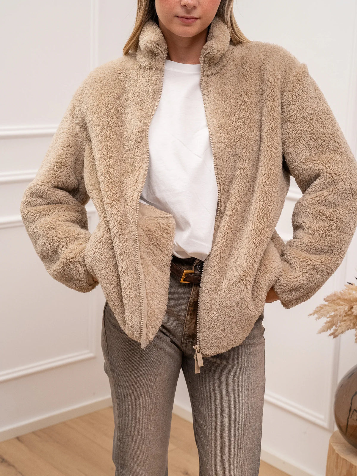 Giacca Teddy peluche sabbia con zip - Vicolo
