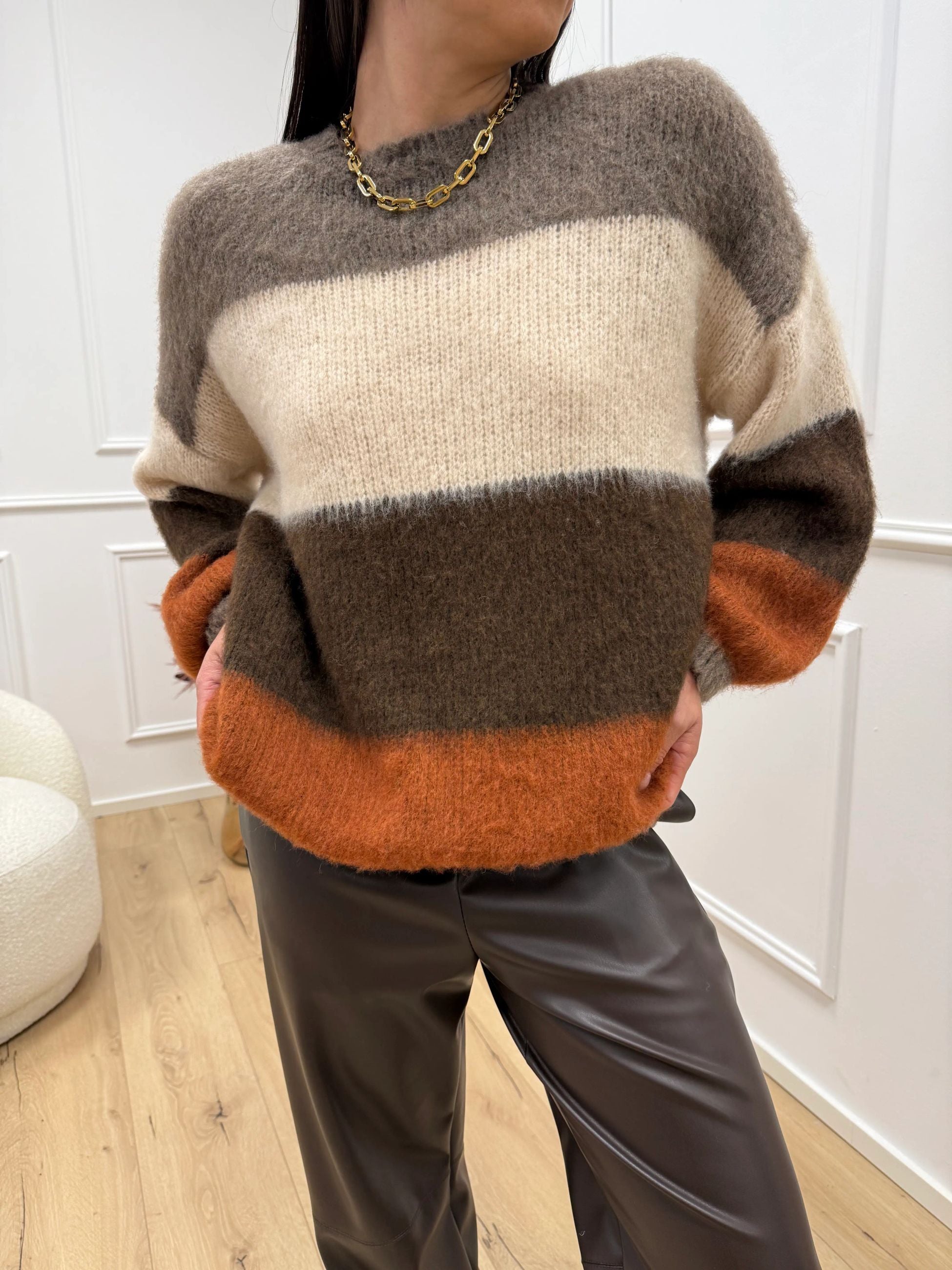 Maglia garzata a righe coccio, beige, moro e tortora - HaveOne