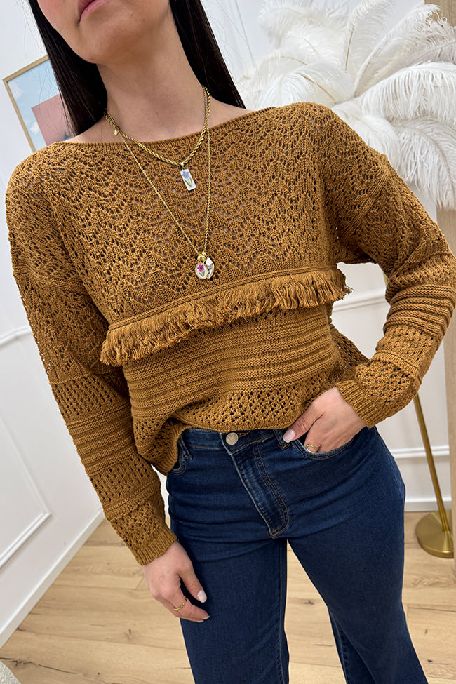 Maglia traforata cammello con passamaneria - Vicolo