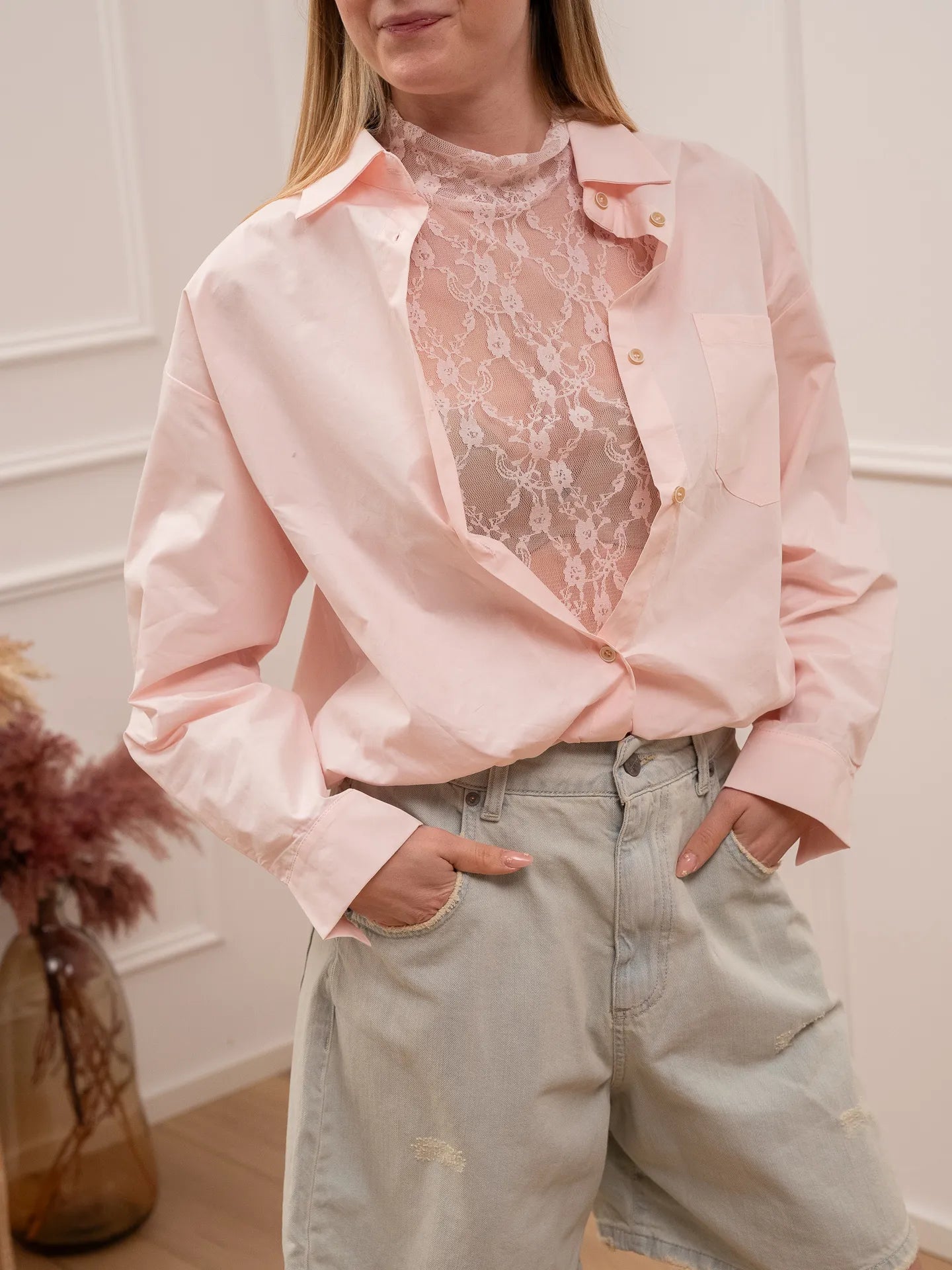 Camicia con top in pizzo rosa - HaveOne
