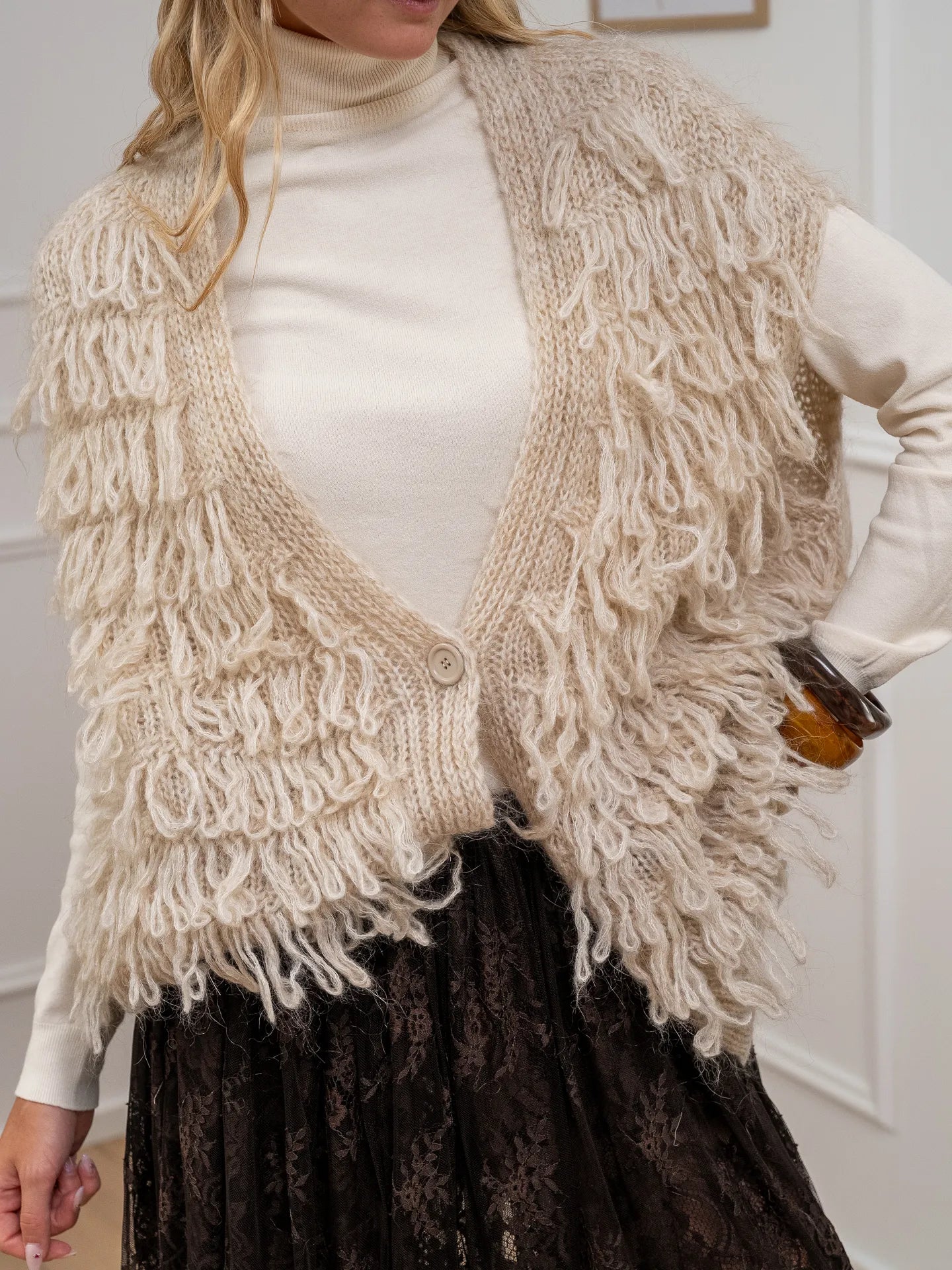 Gilet punto pannocchia sfrangiato beige - Kontatto