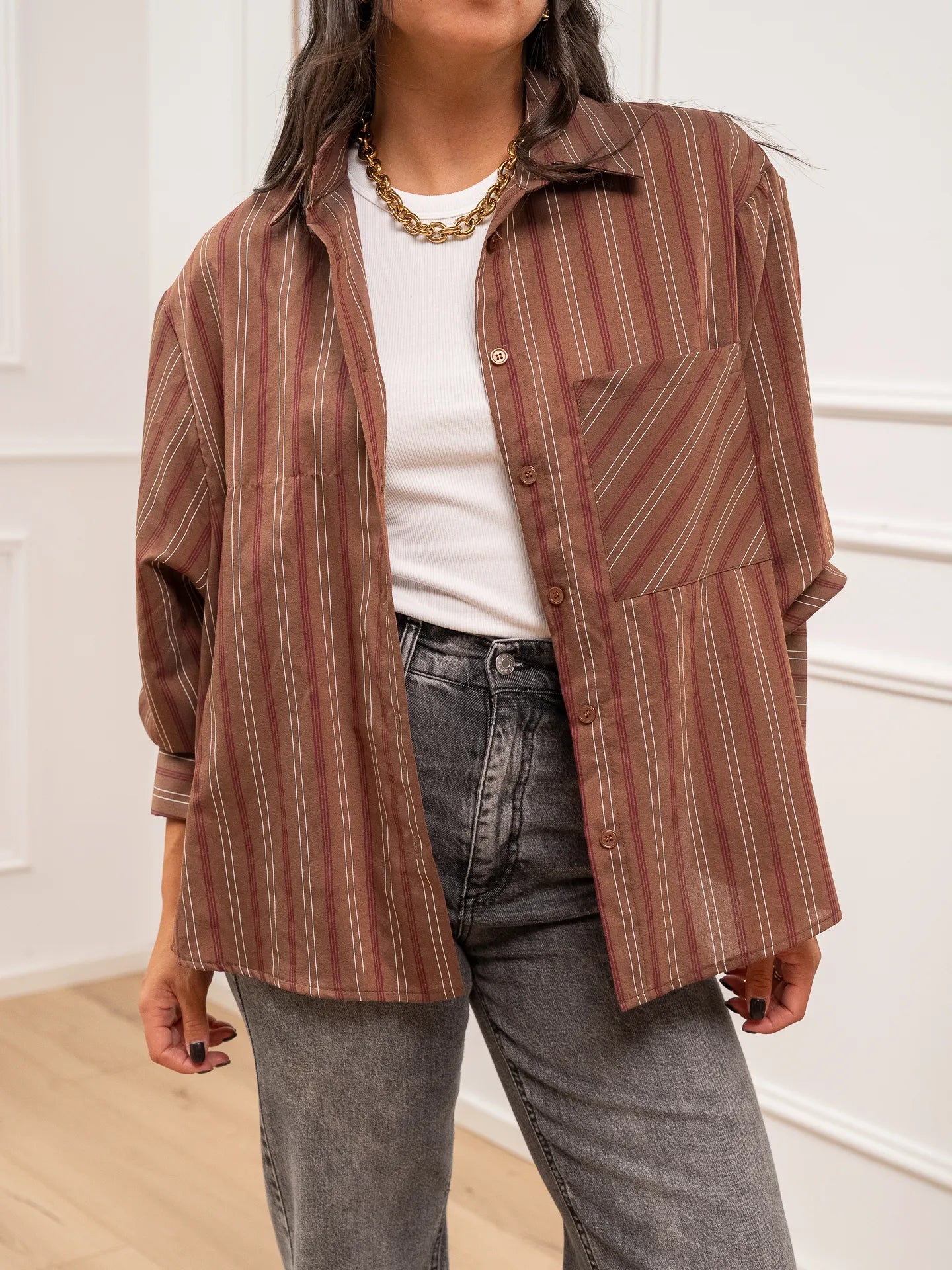 Camicia basic biscotto riga prugna, bianca - HaveOne