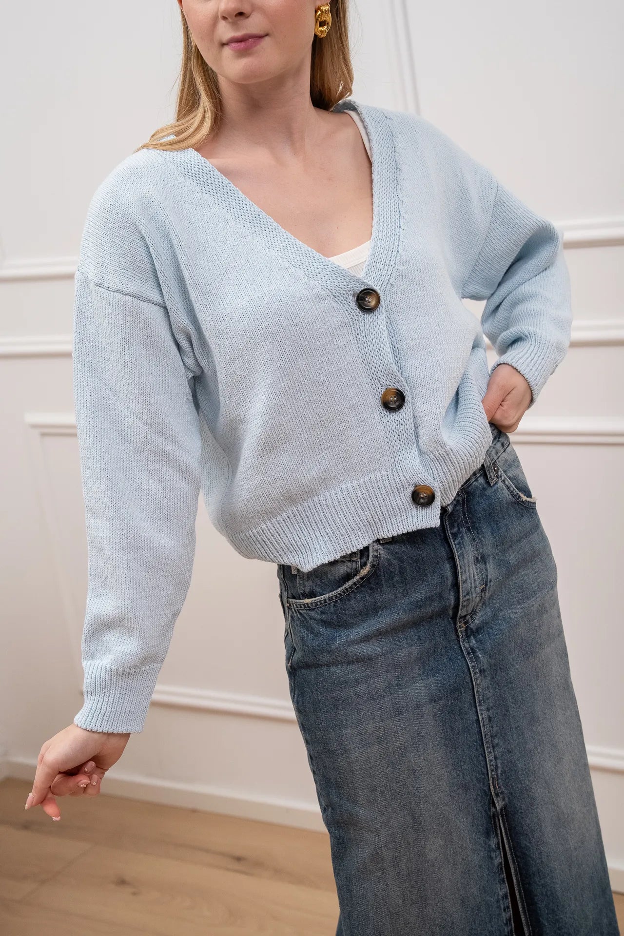 Cardigan basic celeste tre bottoni - Vicolo