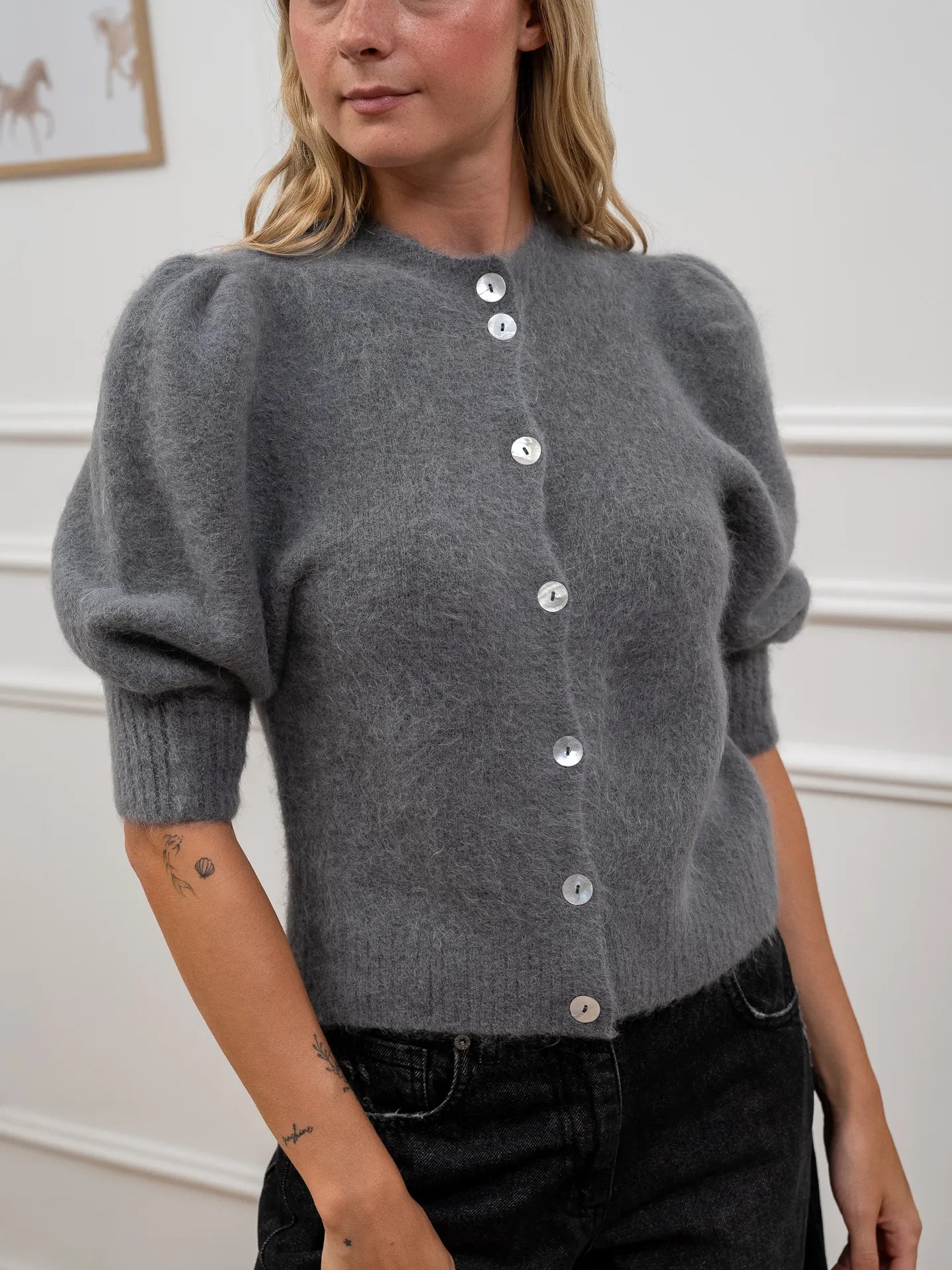 Cardigan grigio manica balloon alpaca superfine - Kontatto