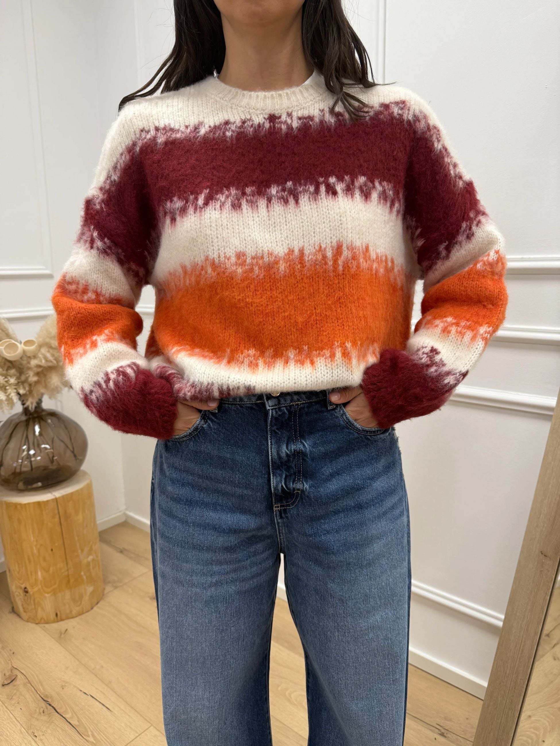 Maglia garzata a righe bordeaux, panna e melone - HaveOne