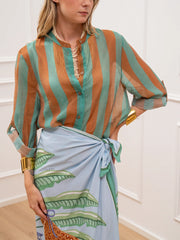 Camicia riga larga tabacco e turchese in lyocell - HaveOne