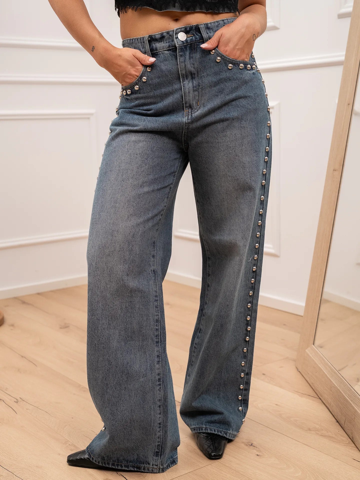 Jeans denim scuro borchie argento sui bordi - Glamorous