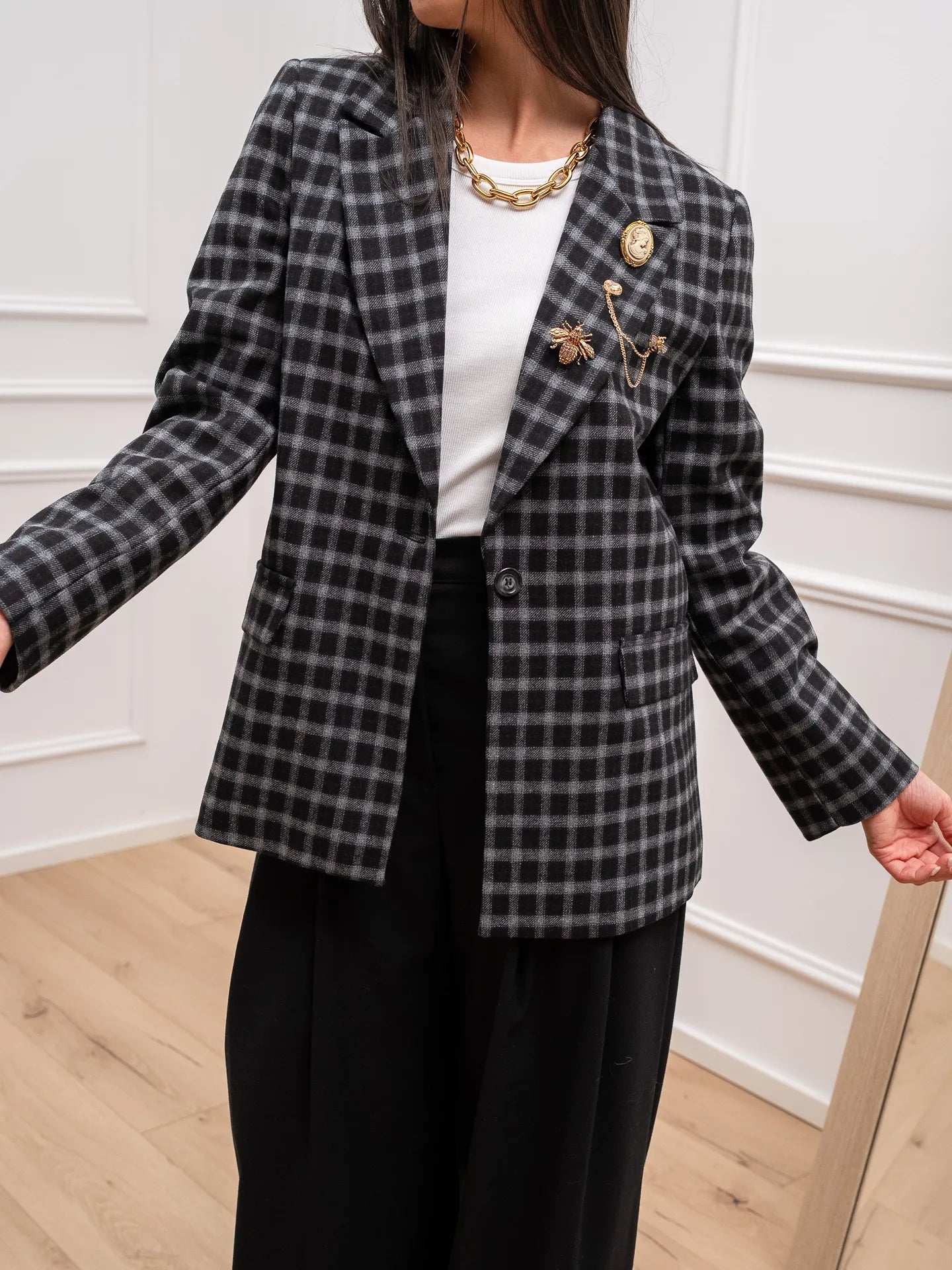 Giacca cappotto check grigia, nera - Vicolo