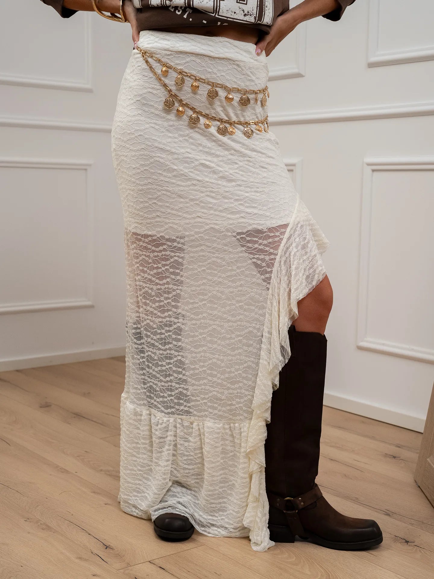 Gonna in pizzo burro spacco con rouches - HaveOne