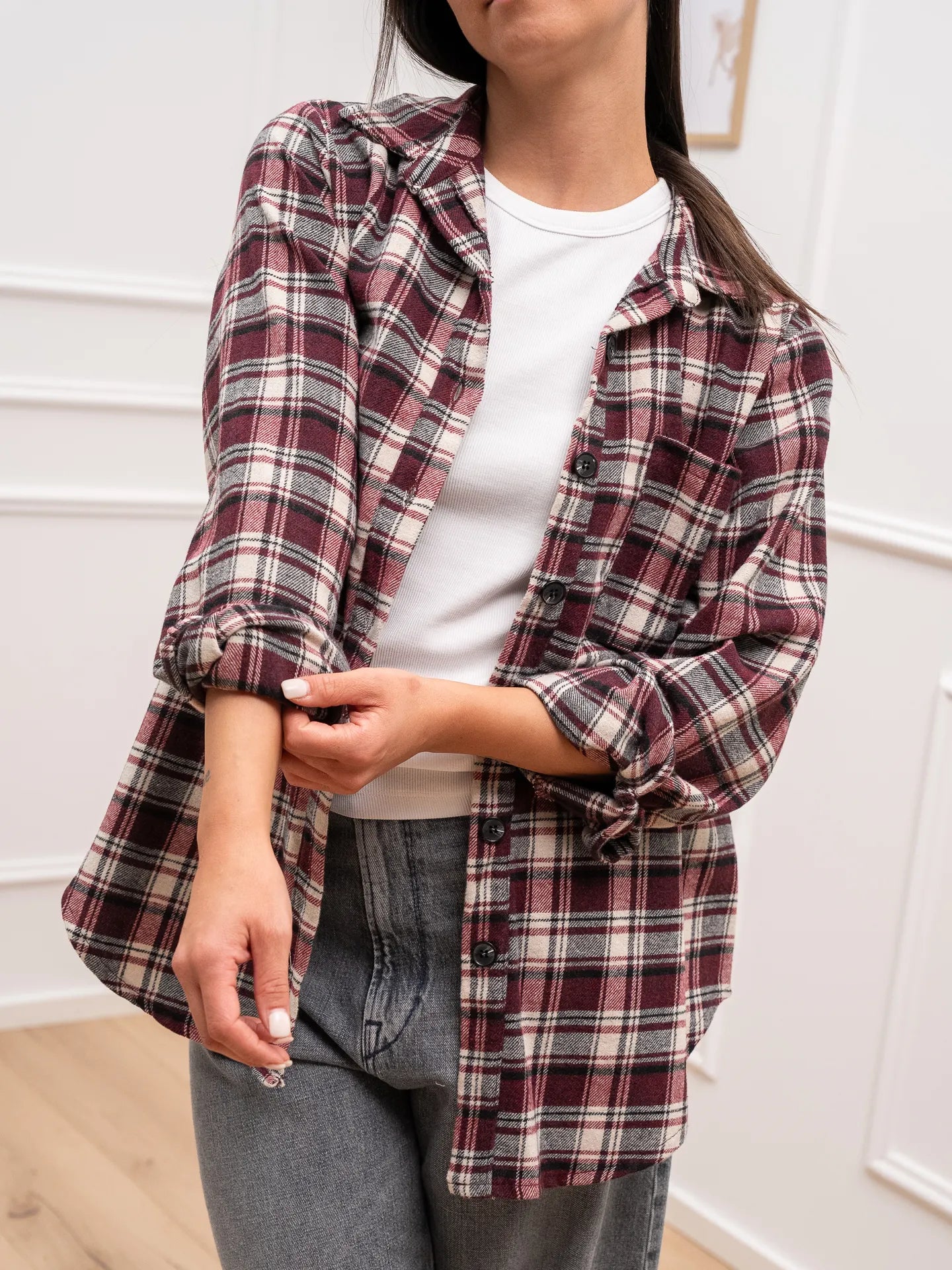 Camicia check nero, bordeaux, panna in flanella - HaveOne