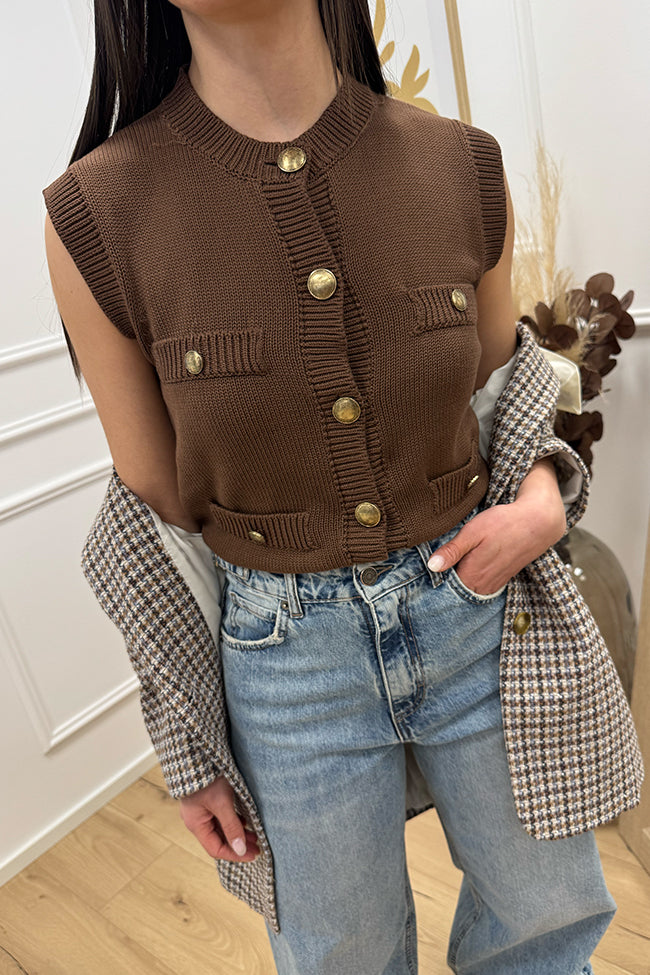 Gilet tricot moka con bottoni dorati - Vicolo