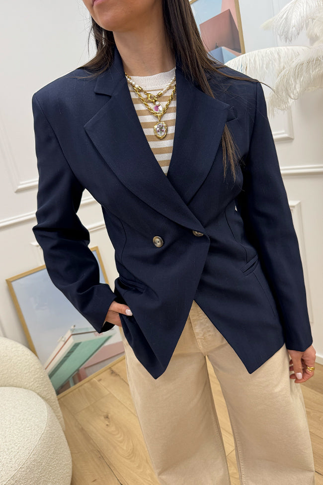 Giacca blu notte gessata lurex fit avvitato - HaveOne