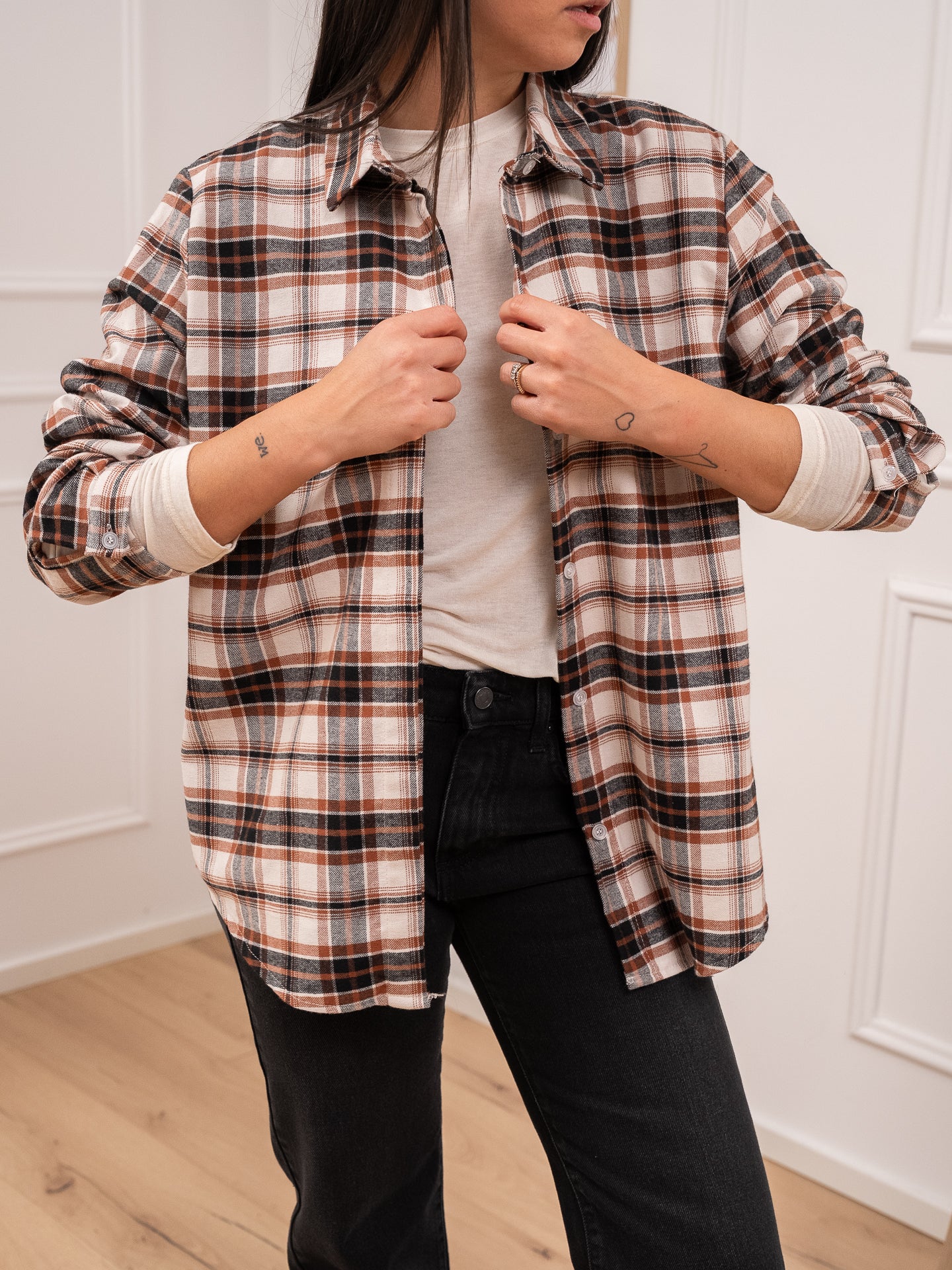 Camicia basic check tabacco, panna e nero in flanella - HaveOne