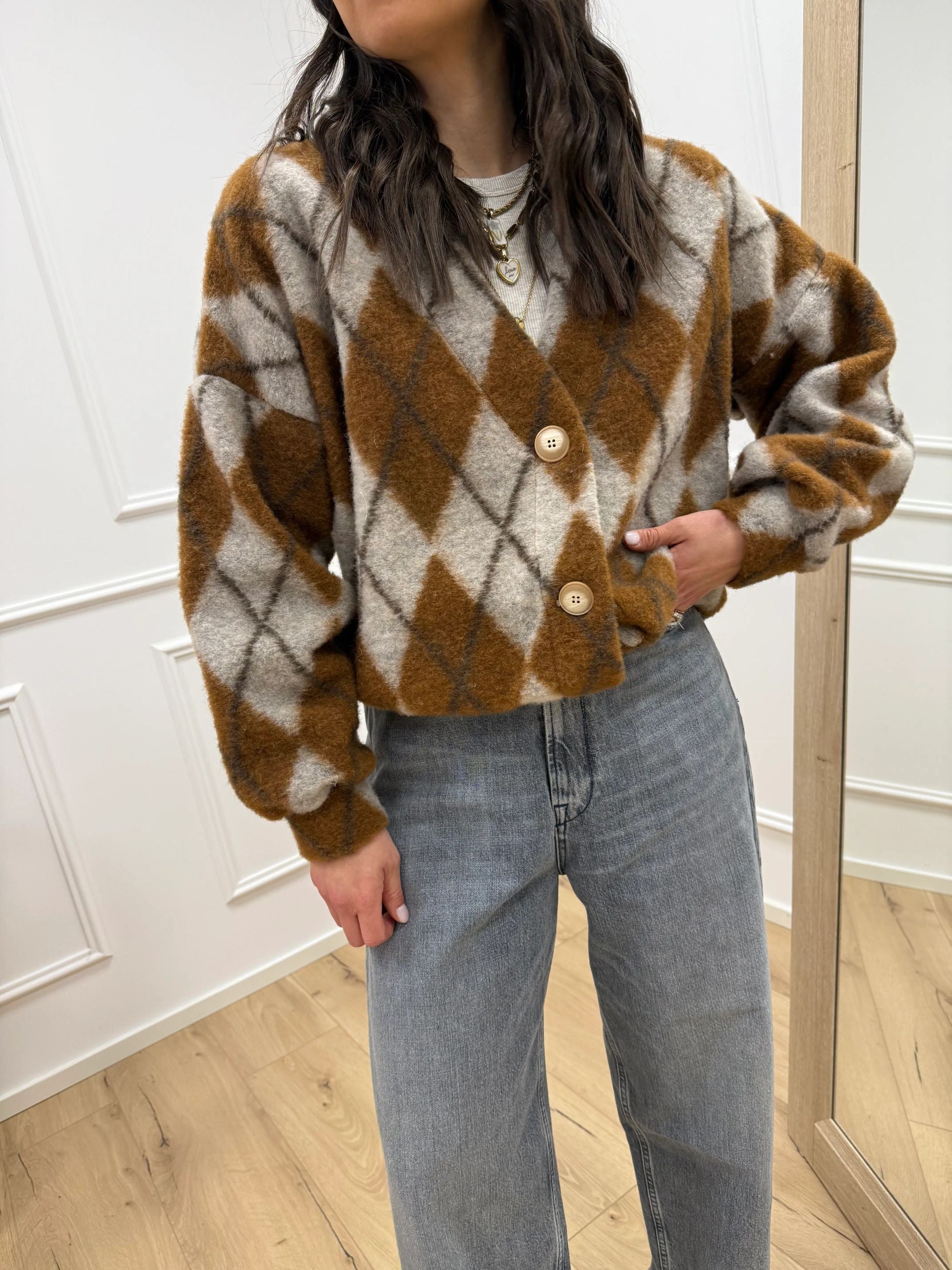Cardigan spalla scesa rombi coccio e moro - HaveOne