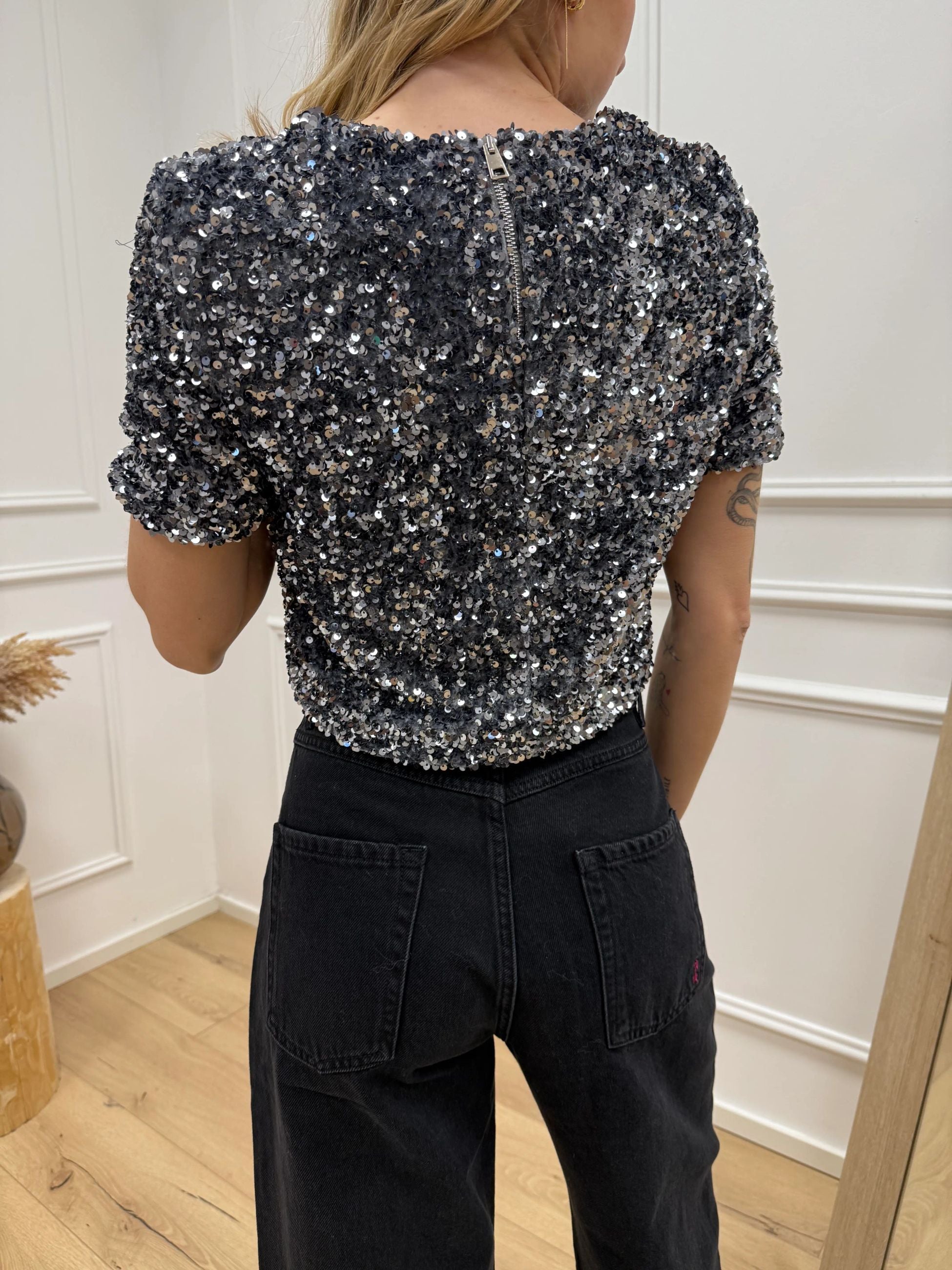 Top crop in ciniglia e paillettes argento - Vicolo