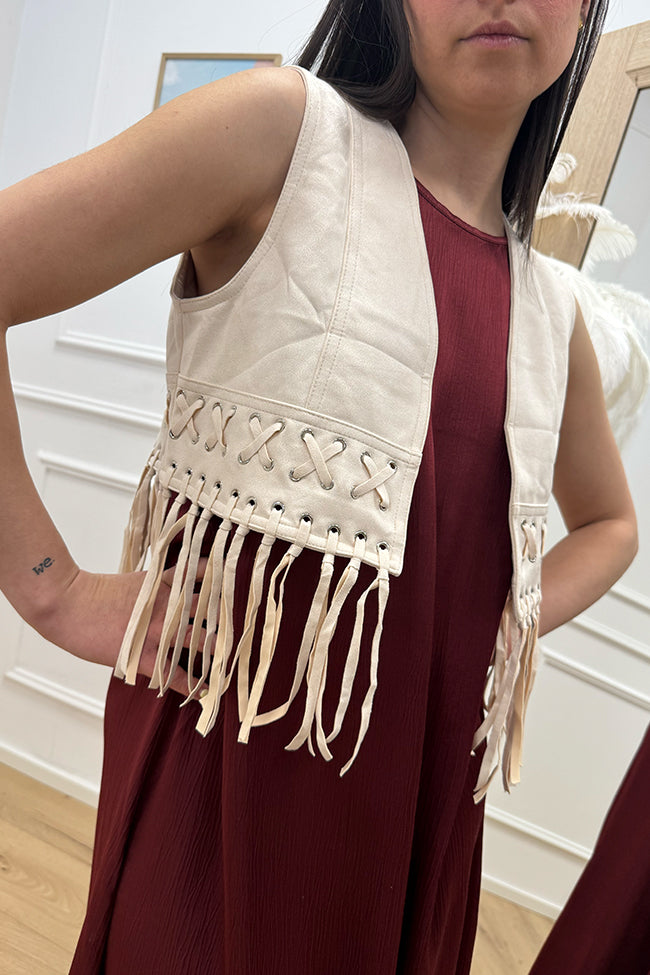 Gilet crop in dainetto burro con frange - HaveOne